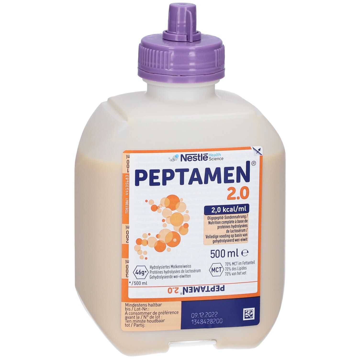 Nestlé Peptamen 2.0 fles. Opschrift: 2,0 kcal/ml, 500 ml. Paarse dop.