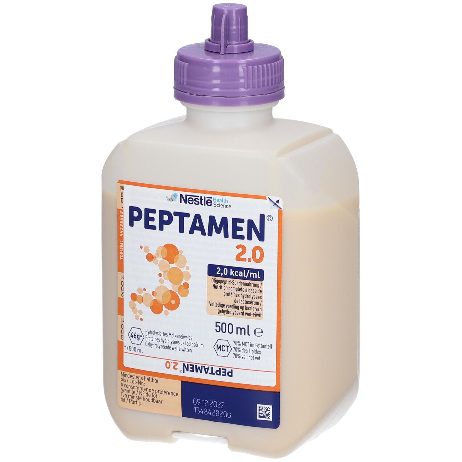 Nestlé Peptamen 2.0 fles. Opschrift: 2,0 kcal/ml, 500 ml. Paarse dop.