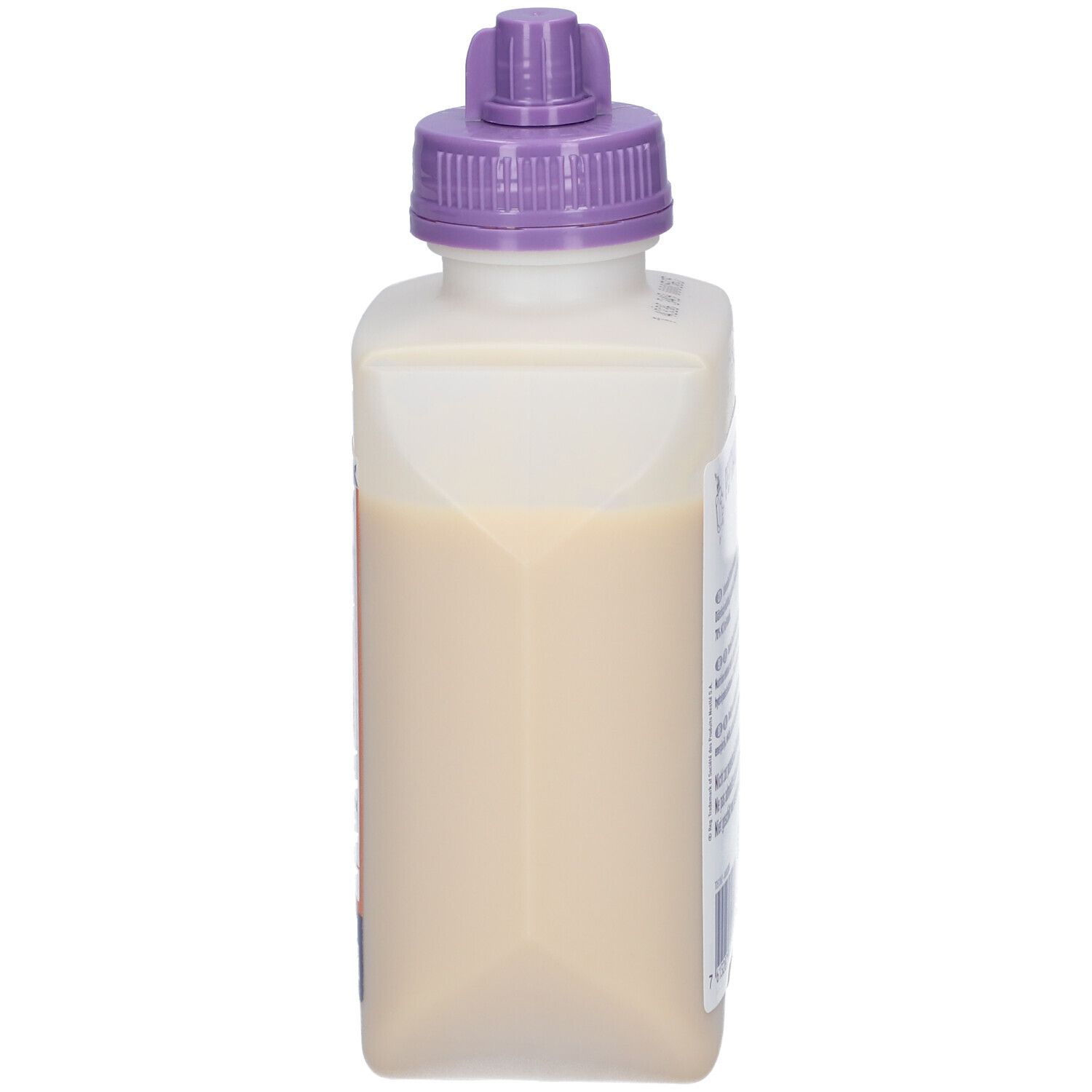 Zijaanzicht van de Nestlé Peptamen 2.0 fles. Paarse dop.