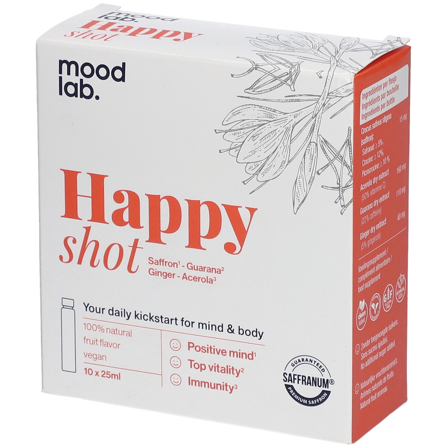 Weiße Verpackung mit "Happy shot"-Schriftzug. Enthält 10 Fläschchen. Zutaten: Safran, Guarana, Ingwer, Acerola.