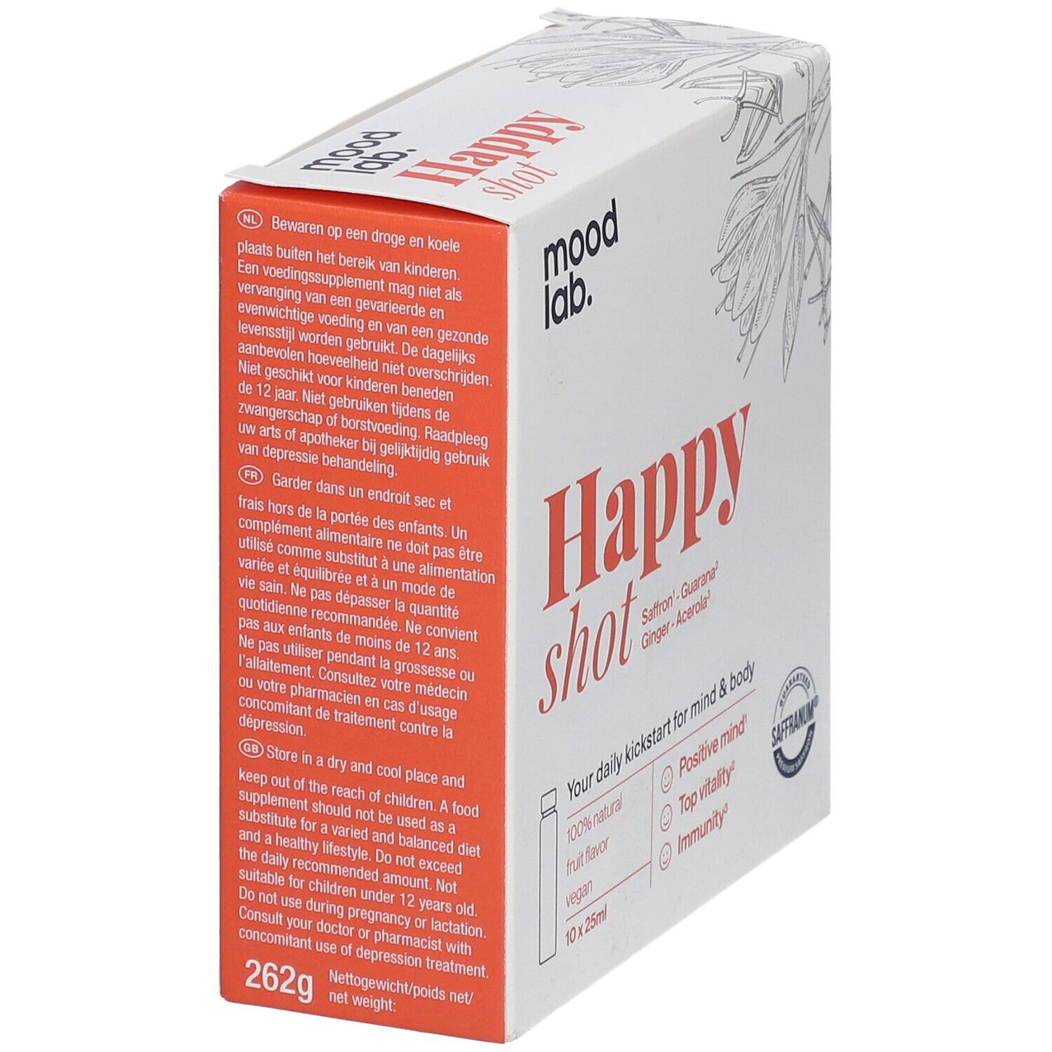 Weiße Verpackung mit "Happy shot"-Schriftzug. Enthält 10 Fläschchen. Text in mehreren Sprachen.