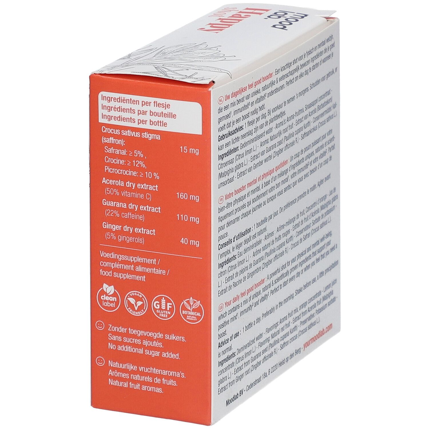 Verpackung mit Inhaltsangaben pro Fläschchen. Enthält Safran, Guarana, Ingwer und Acerola.