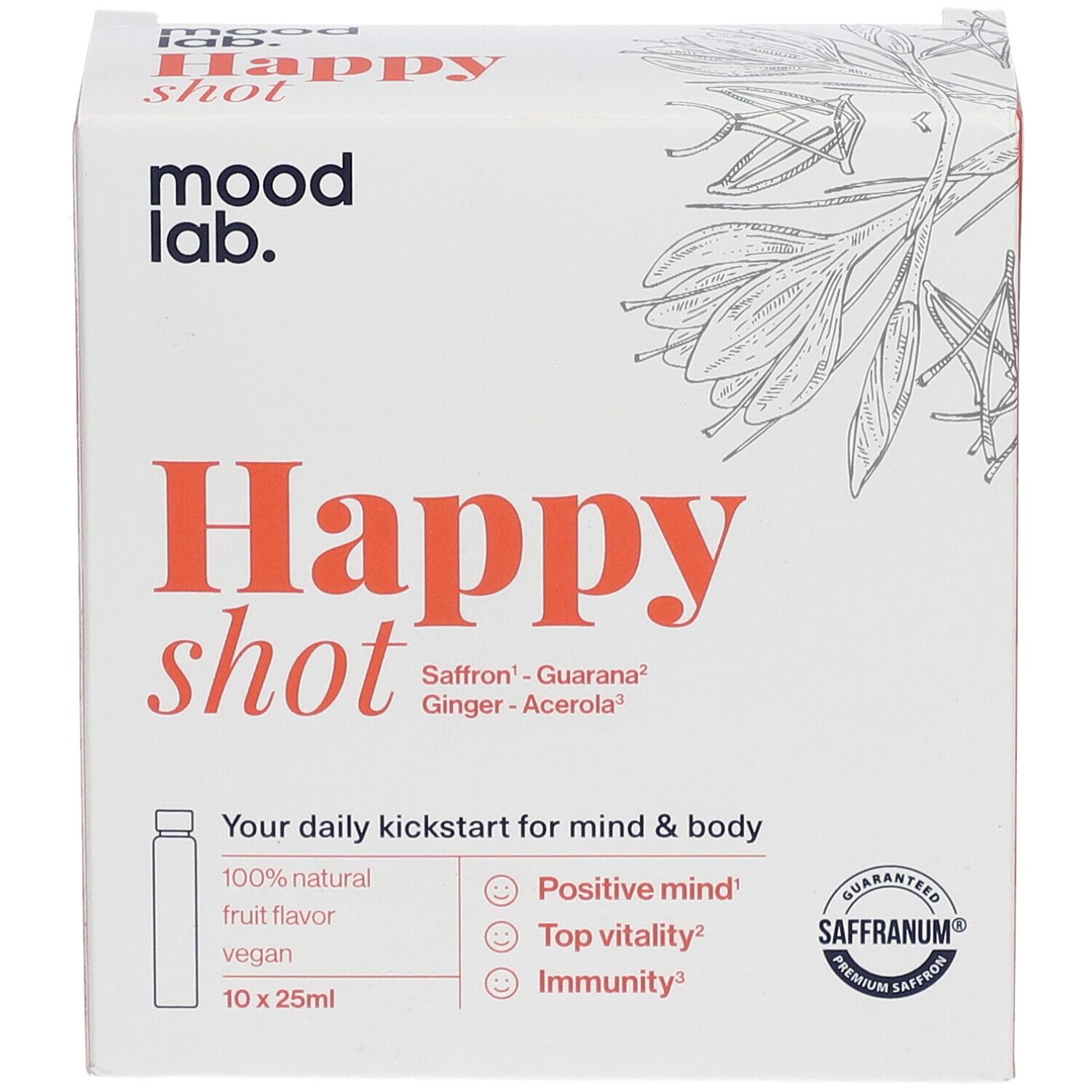 Weiße Verpackung mit "Happy shot"-Schriftzug. Enthält 10 Fläschchen. Zutaten: Safran, Guarana, Ingwer, Acerola.