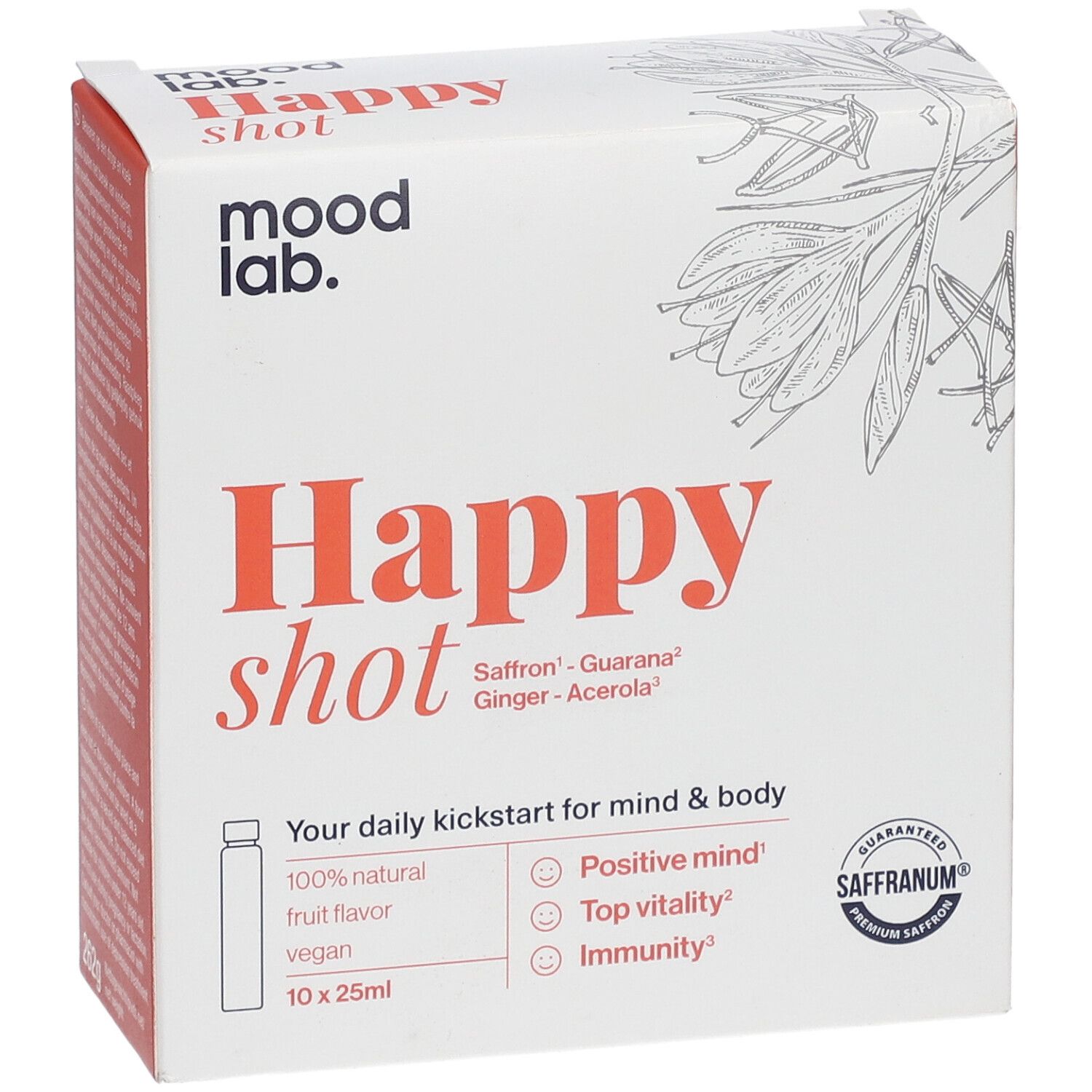 Weiße Verpackung mit "Happy shot"-Schriftzug. Enthält 10 Fläschchen. Zutaten: Safran, Guarana, Ingwer, Acerola.