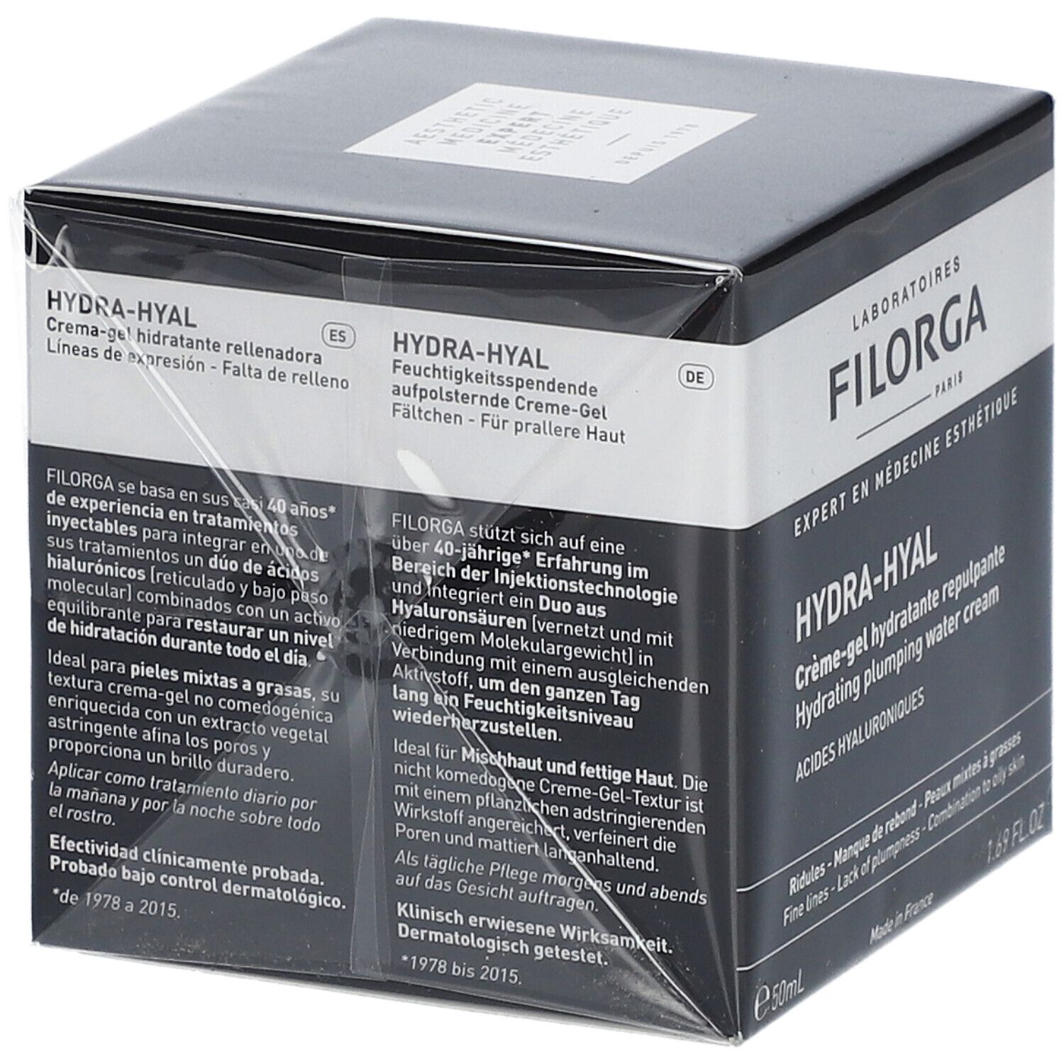 Schwarze Schachtel mit FILORGA-Logo und HYDRA-HYAL. Text in Deutsch und Englisch. Creme-Gel, 50ml.