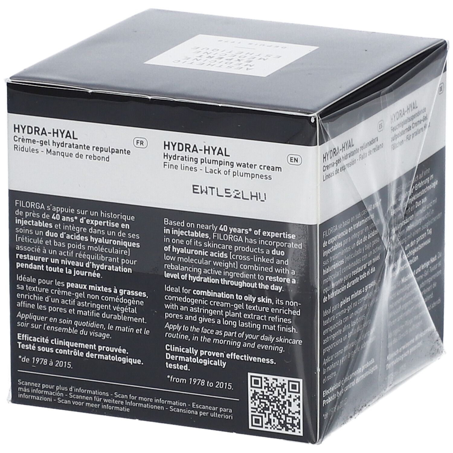 Schwarze Schachtel mit FILORGA-Logo und HYDRA-HYAL. Text in Englisch. Creme-Gel, 50ml.