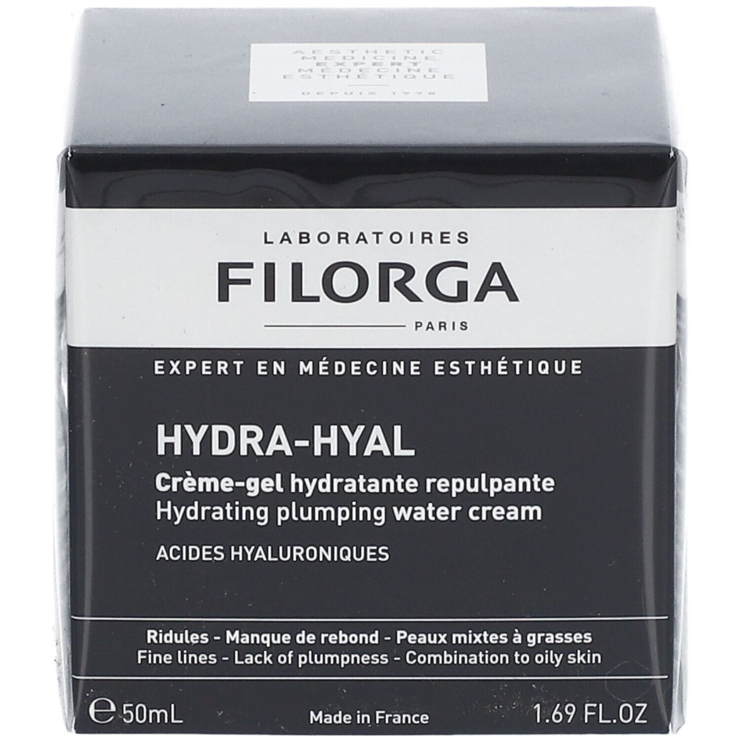 Schwarze Schachtel mit FILORGA-Logo und HYDRA-HYAL. Creme-Gel, 50ml. Text: Acides Hyaluroniques.