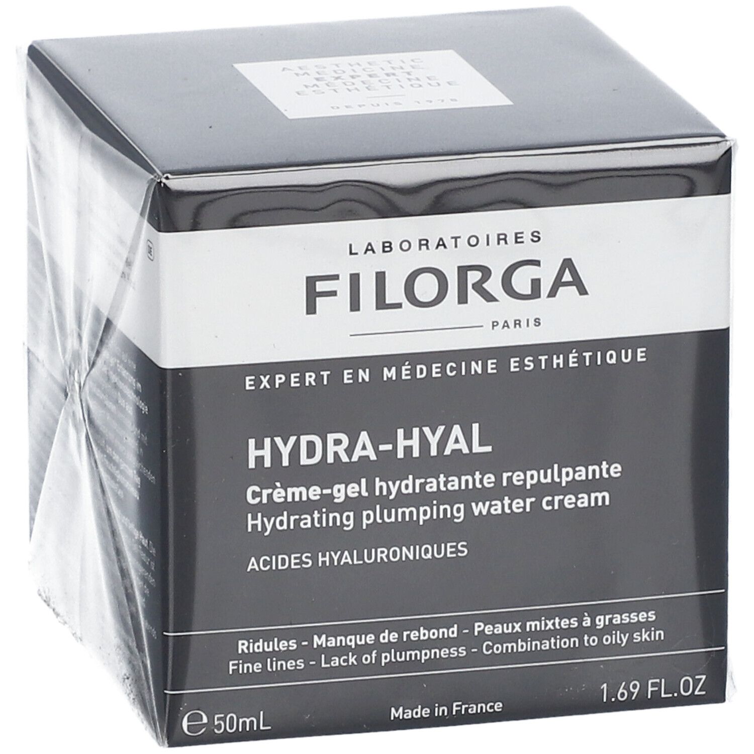 Schwarze Schachtel mit FILORGA-Logo und HYDRA-HYAL. Creme-Gel, 50ml. Text: Acides Hyaluroniques.