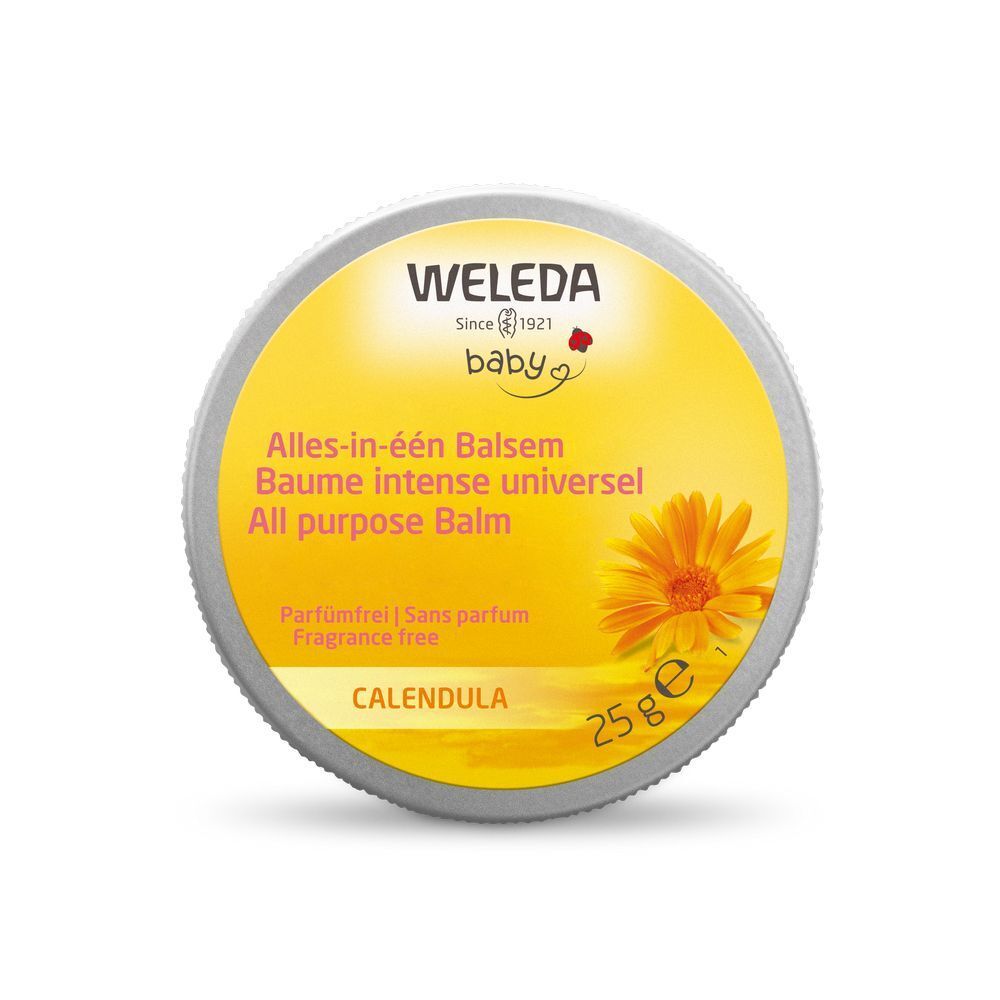 Pot rond avec étiquette jaune. Inscription: Weleda Baby, Alles-in-één Balsem, Calendula, 25g. Illustration de calendula.