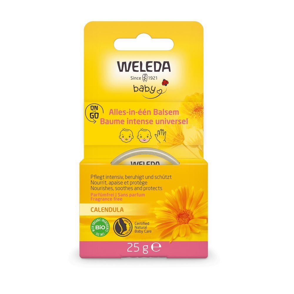 Emballage produit avec pot. Inscription: Weleda Baby, Alles-in-één Balsem, Calendula, 25g. Avec label bio et certification.