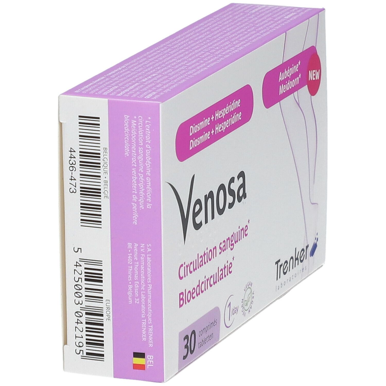 Venosa-verpakking, schuin. Opschrift: Circulation sanguine, Bloedcirculatie. Bevat Diosmine + Hesperidine en Aubépine. 30 tabletten.
