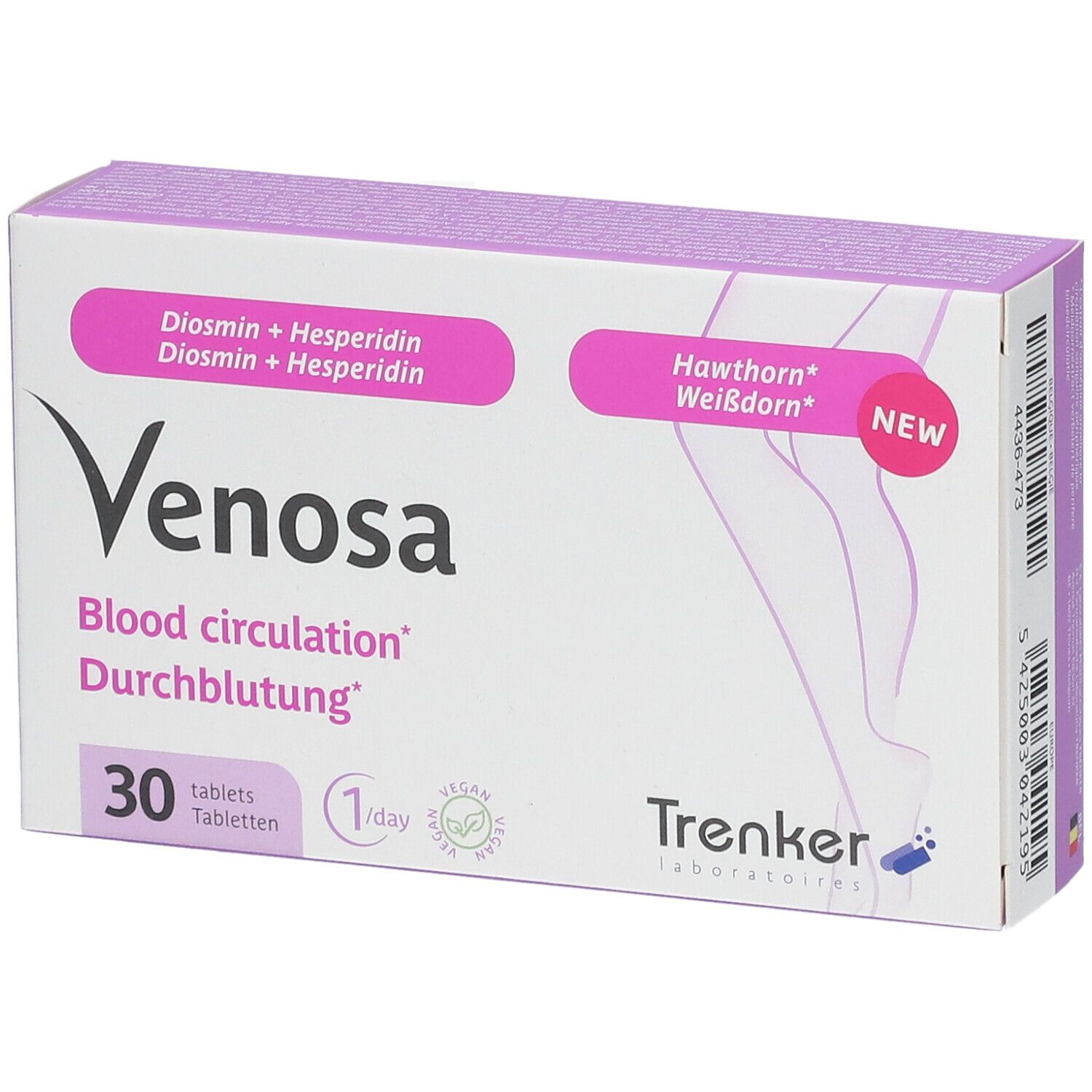 Venosa-verpakking met 30 tabletten. Opschrift: Blood circulation, Durchblutung. Bevat Diosmine + Hesperidine en Meidoorn.