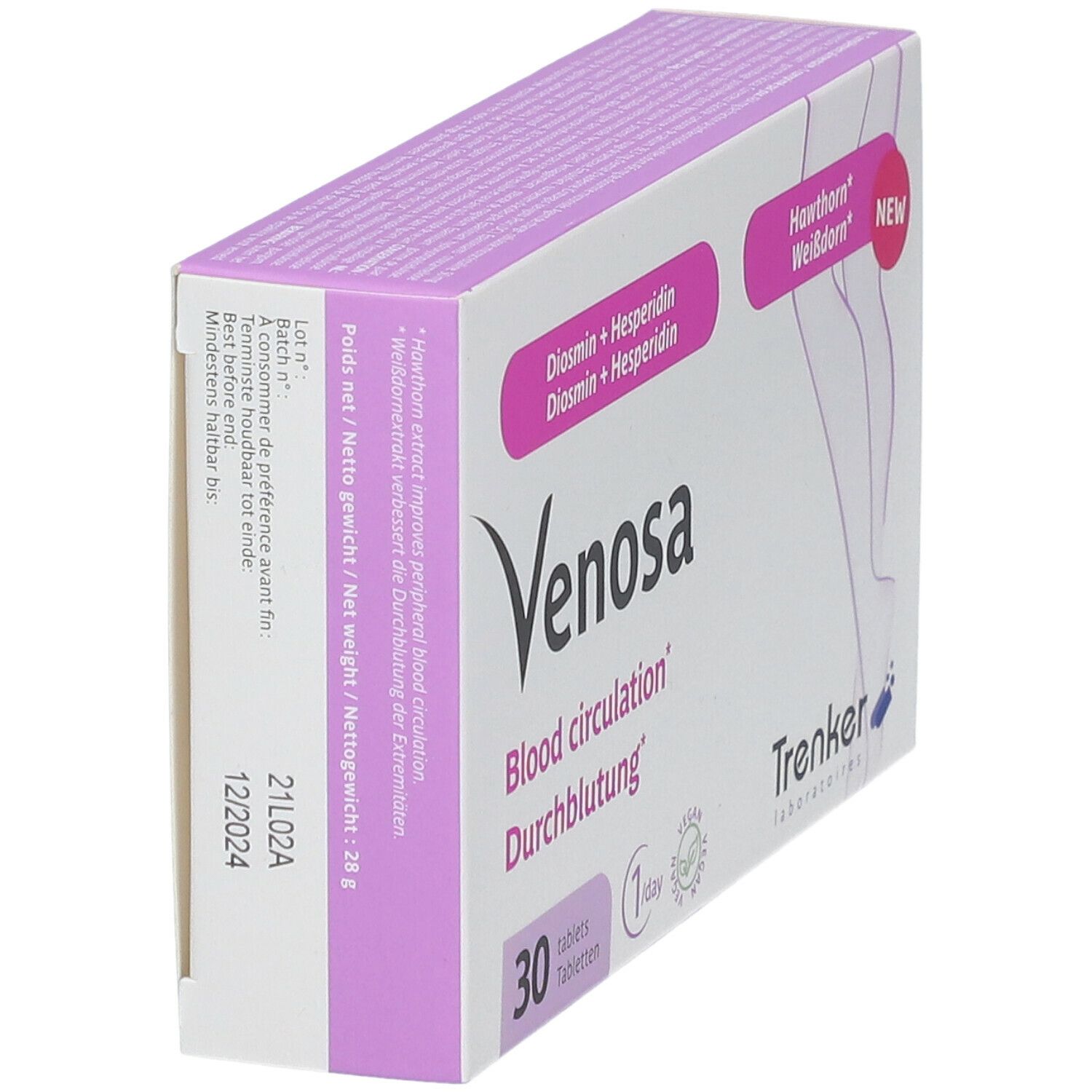 Venosa-verpakking, schuin. Opschrift: Blood circulation, Durchblutung. Bevat Diosmine + Hesperidine en Meidoorn. 30 tabletten.