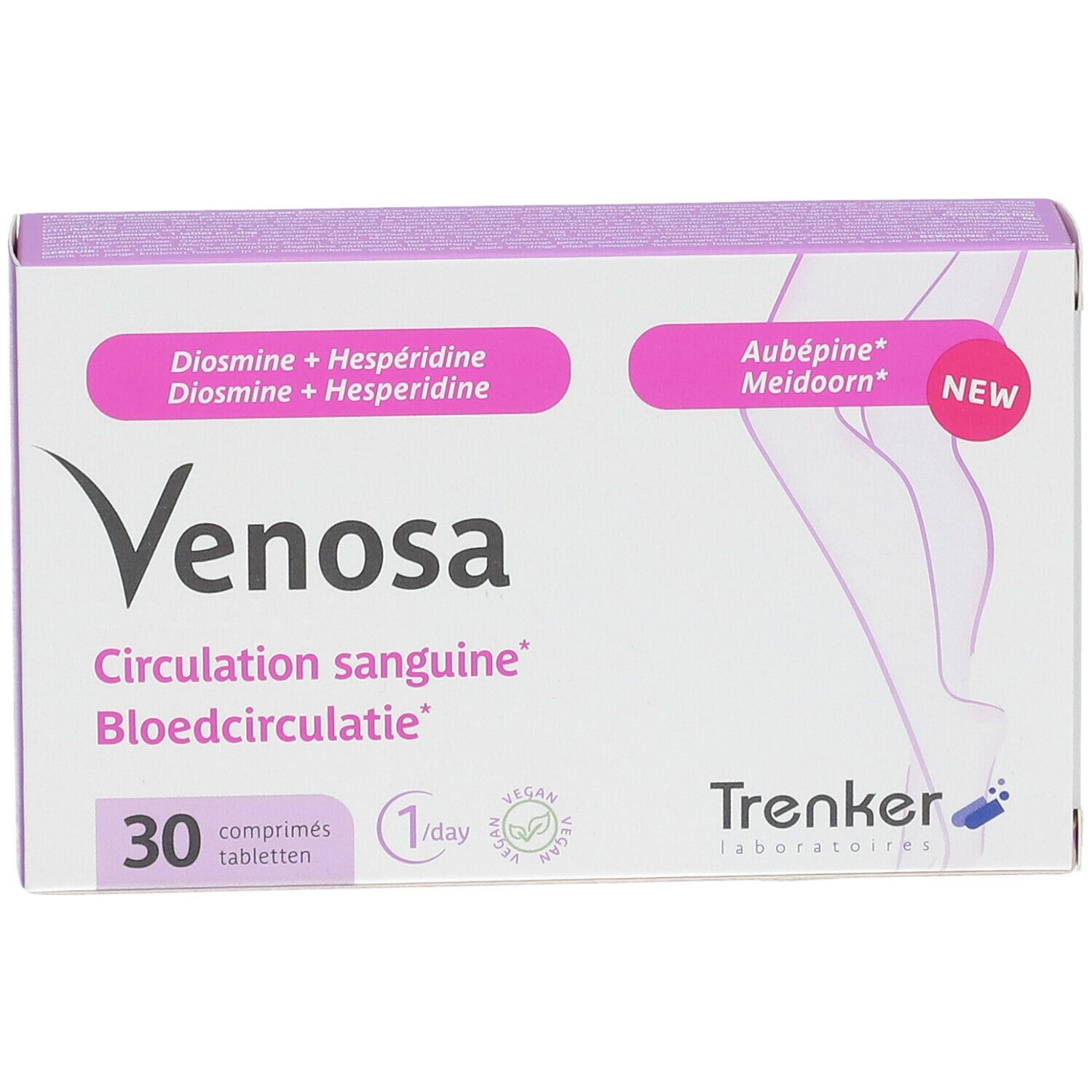 Venosa-verpakking met 30 tabletten. Opschrift: Circulation sanguine, Bloedcirculatie. Bevat Diosmine + Hesperidine en Aubépine.