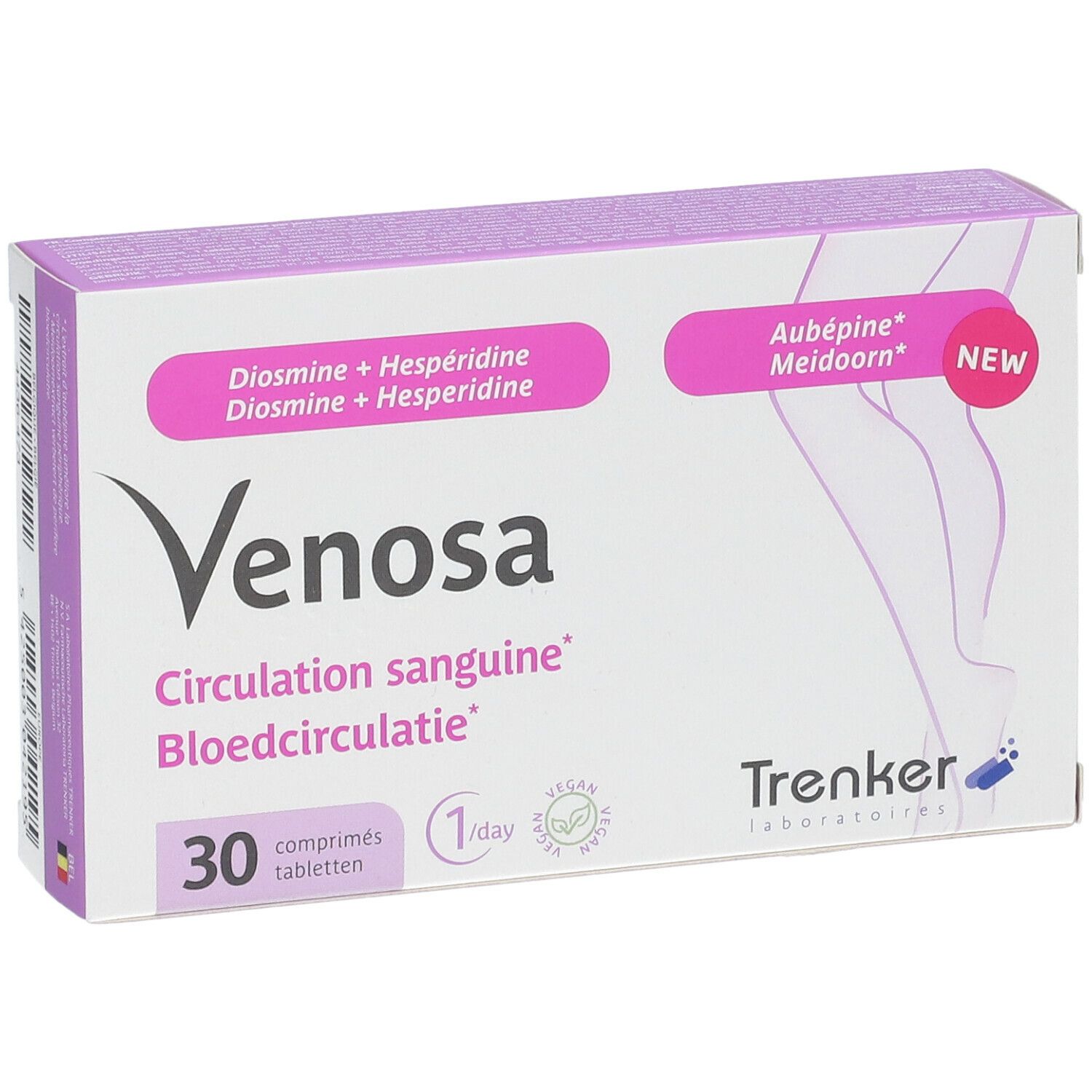 Venosa-verpakking met 30 tabletten. Opschrift: Circulation sanguine, Bloedcirculatie. Bevat Diosmine + Hesperidine en Aubépine.
