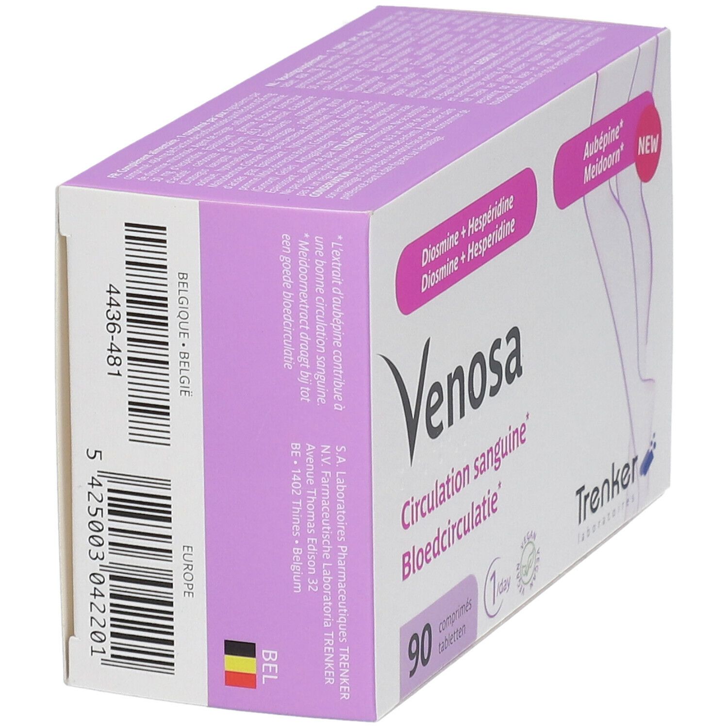 Witte en paarse doos met barcode en productnaam. Merk Trenker. '90 tabletten'.
