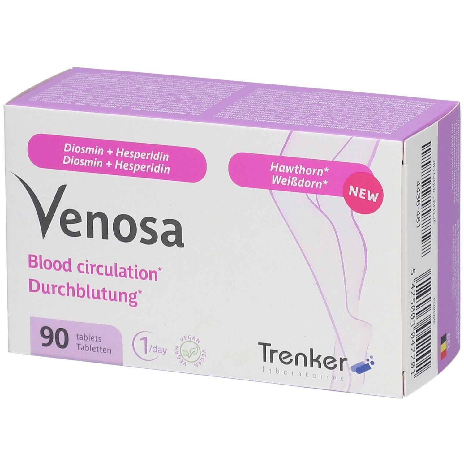 Witte en paarse doos met productnaam en opschrift '90 tabletten'. Merk Trenker.