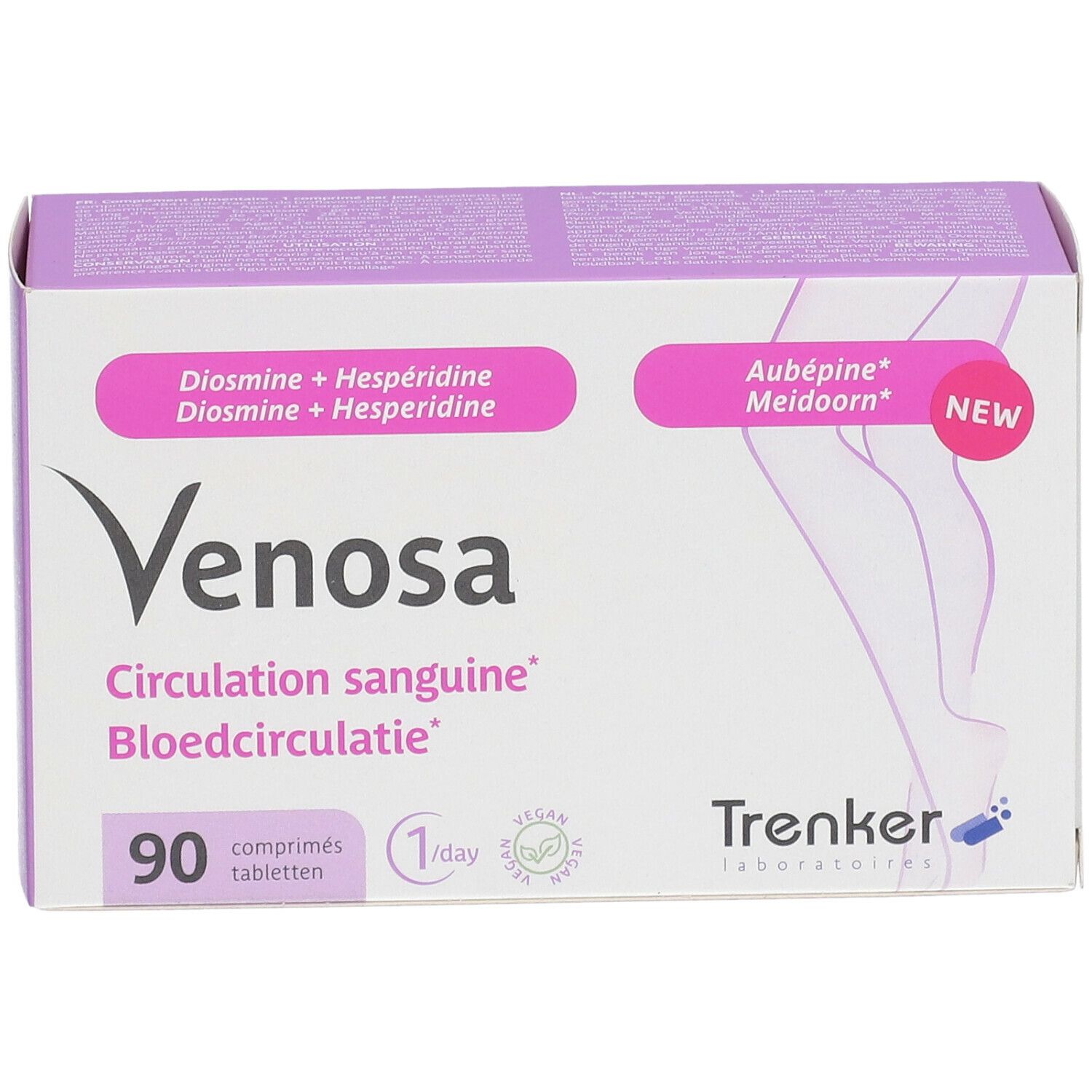 Witte en paarse doos met productnaam en opschrift '90 tabletten'. Merk Trenker.