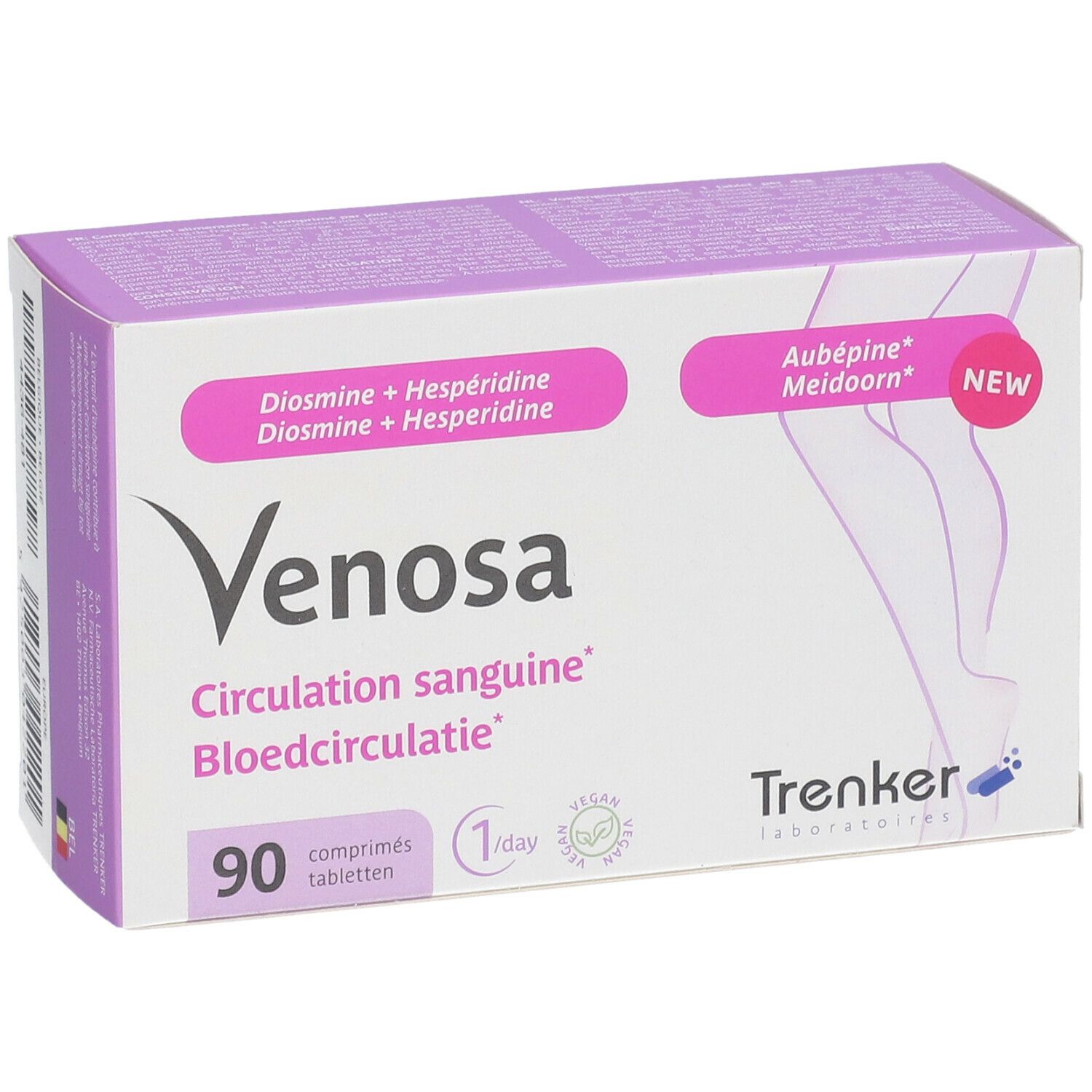 Witte en paarse doos met productnaam en opschrift '90 tabletten'. Merk Trenker.