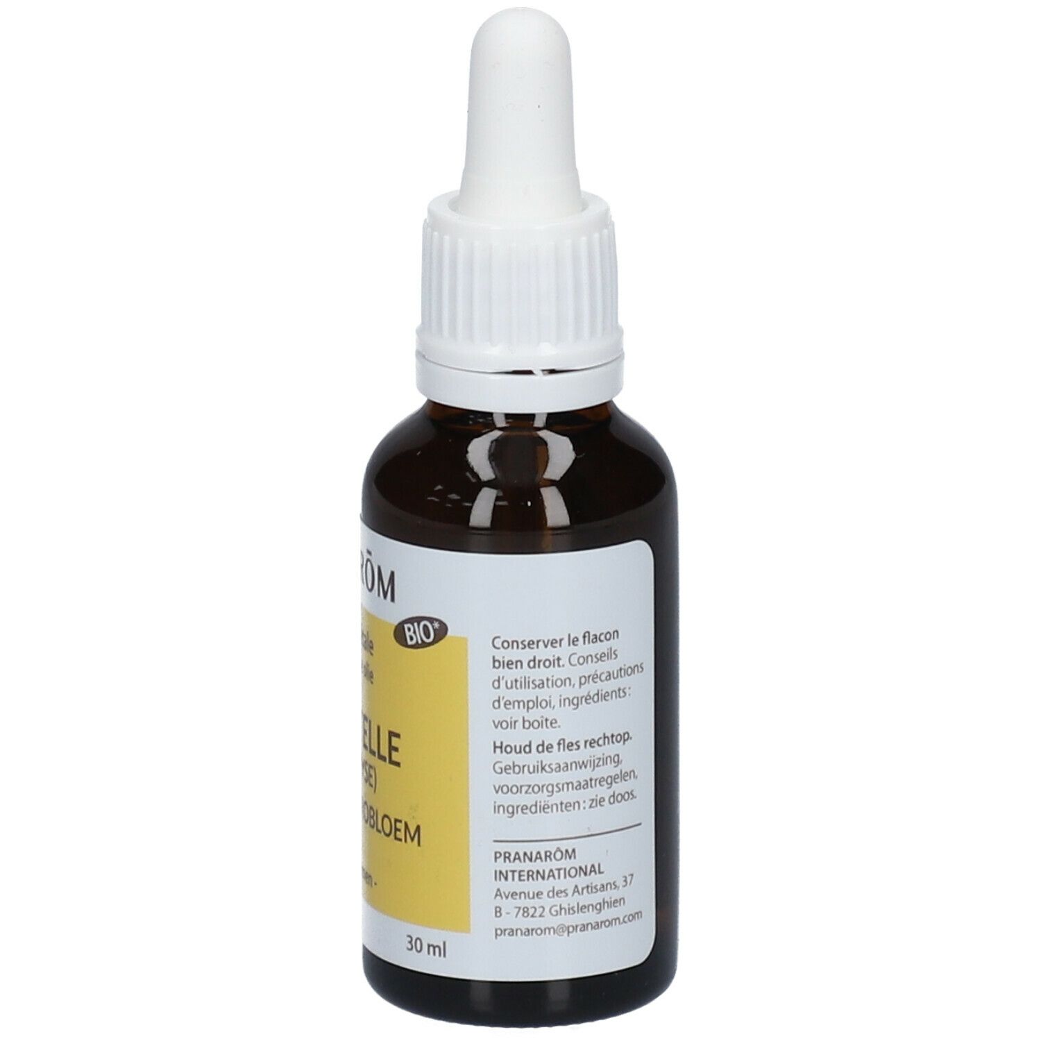 Braune Glasflasche mit Pipette. Etikett mit Produktnamen, BIO-Siegel und Herstelleradresse. Text in mehreren Sprachen.