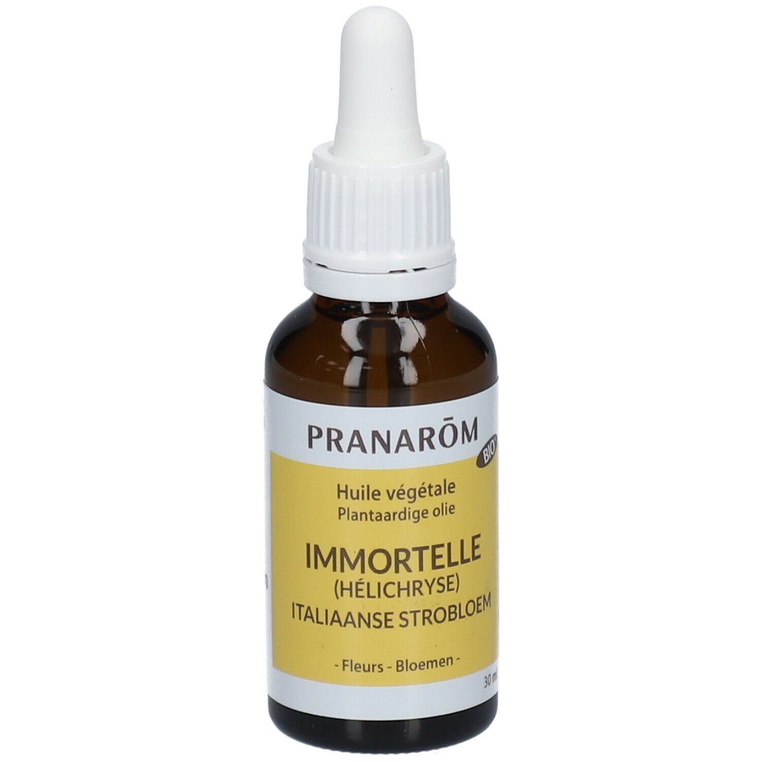 Braune Glasflasche mit Pipette. Etikett mit Produktnamen und BIO-Siegel. Text in Französisch, Niederländisch und Italienisch.