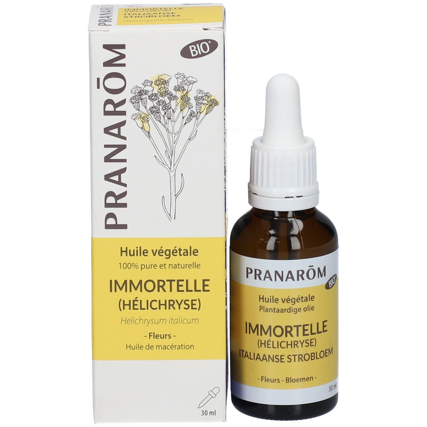 Produktverpackung mit Flasche. Karton mit Produktnamen, Marke und Inhaltsangaben. Braune Glasflasche mit Pipette.