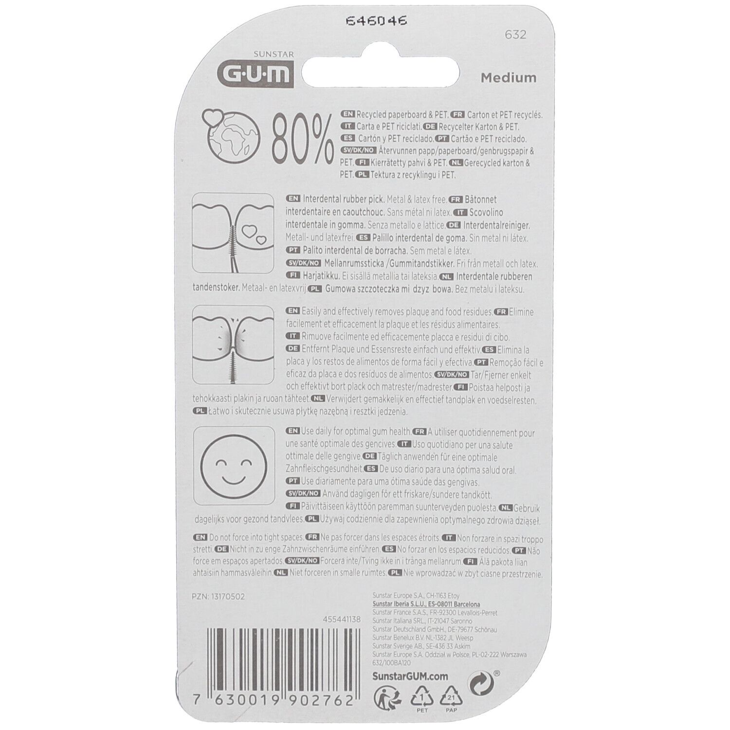 Rückseite der Verpackung von GUM® Soft-Picks®. Informationen zu Materialien, Recycling und Produktmerkmale in verschiedenen Sprachen.