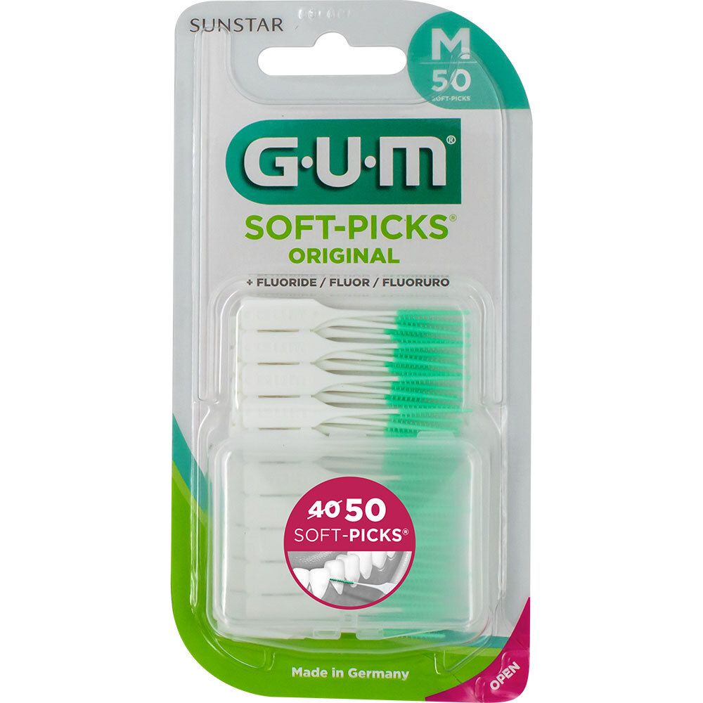 GUM Soft-Picks Original, paquet de 50. Brossettes interdentaires vertes et blanches dans un emballage plastique transparent.