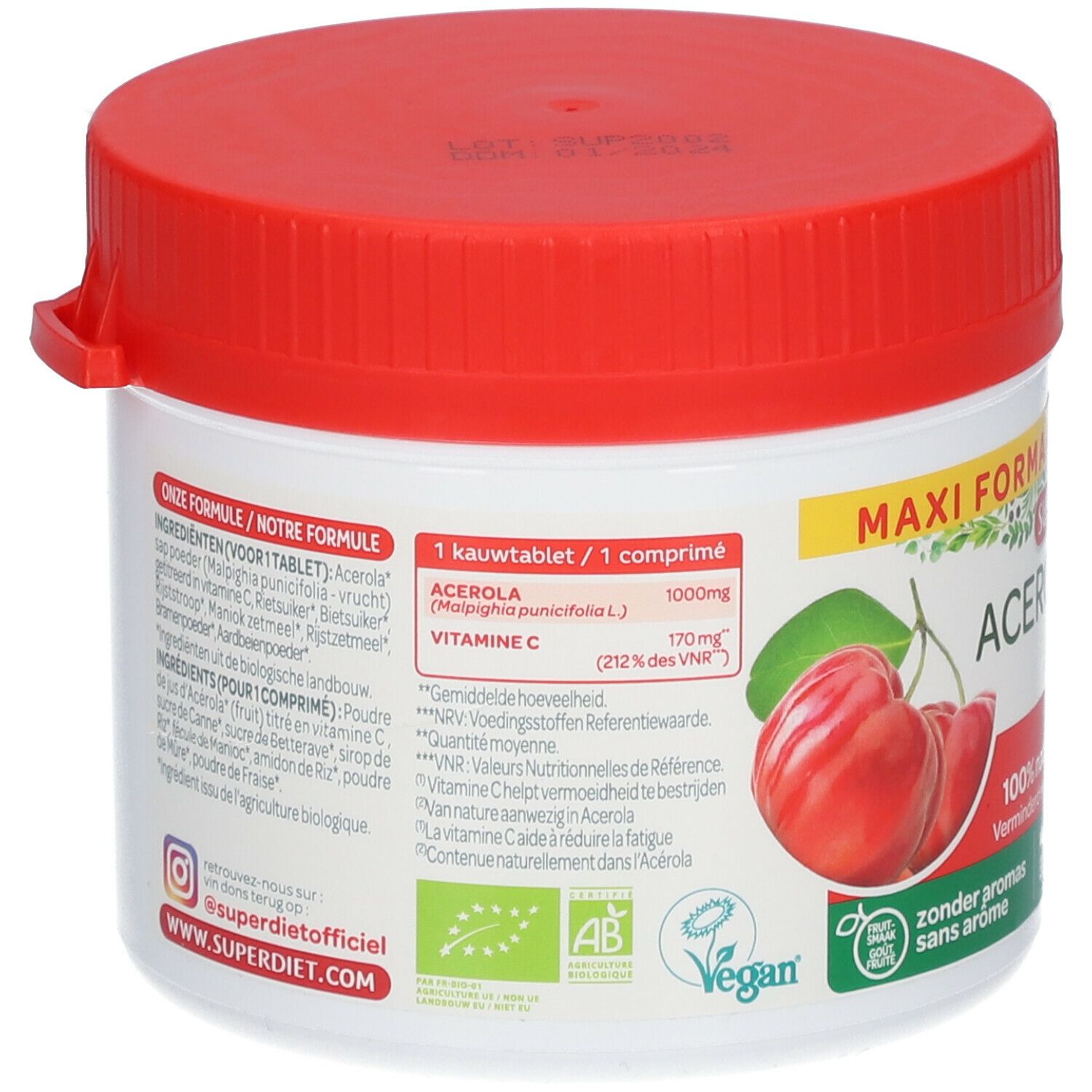 Dos de la boîte blanche avec couvercle rouge. Texte: ingrédients, informations nutritionnelles, label bio, logo vegan. Illustration de cerises acérola.