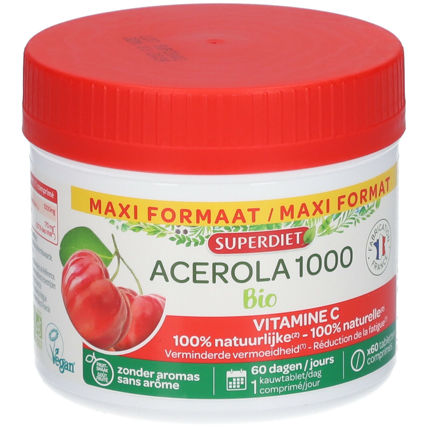 Boîte cylindrique blanche et couvercle rouge. Inscription: SUPERDIET ACÉROLA 1000 Bio, Vitamine C. Illustration de cerises d'acérola.