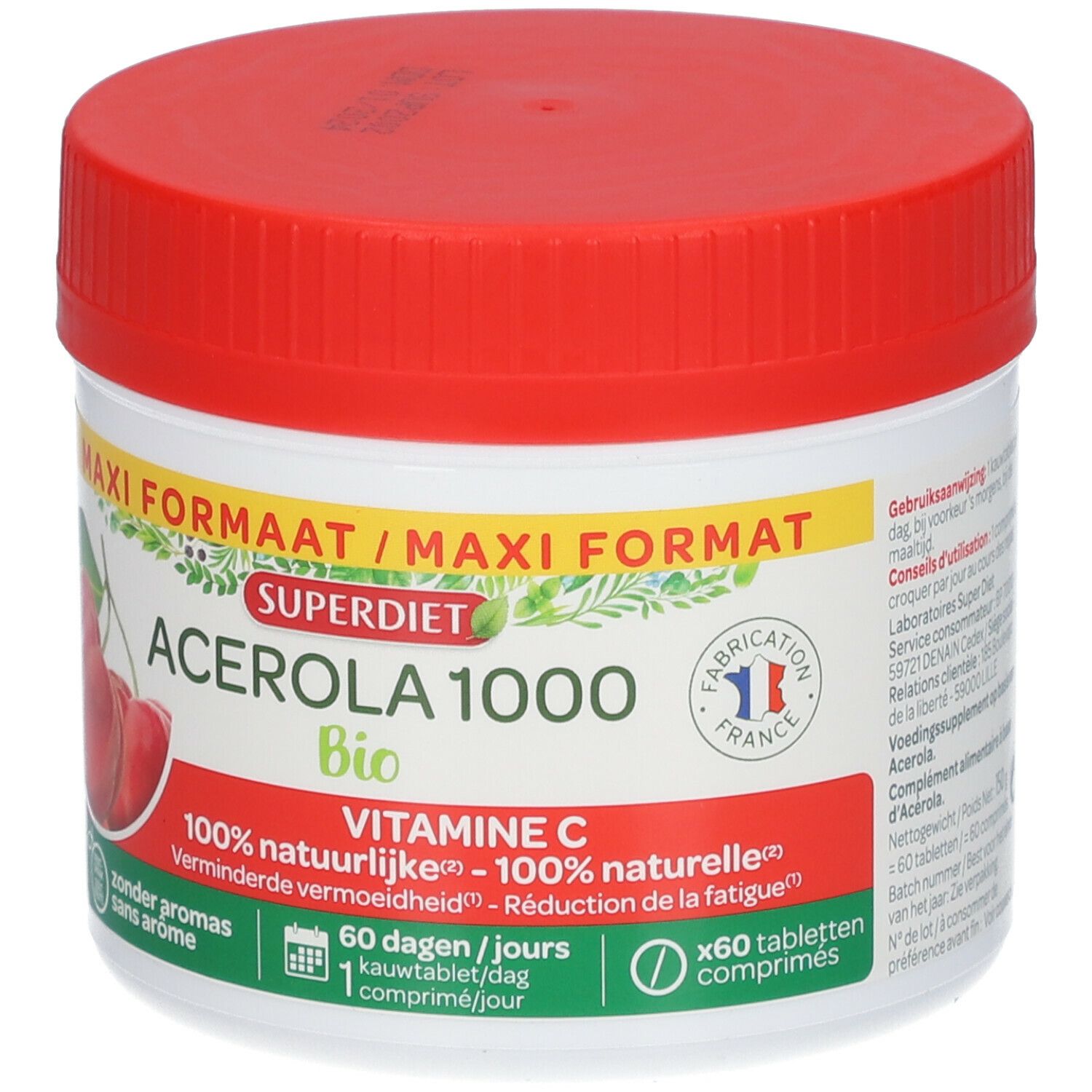 Boîte cylindrique blanche et couvercle rouge. Inscription: SUPERDIET ACÉROLA 1000 Bio, Vitamine C. Label de qualité français.