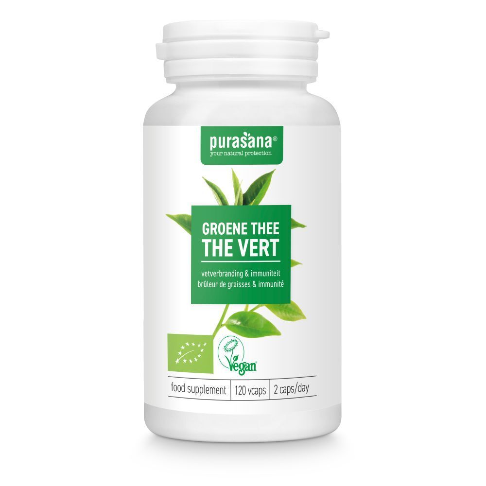 Witte fles met groen etiket. Opschrift: THE VERT, 120 capsules, 2 capsules/dag. Vegan-keurmerk.