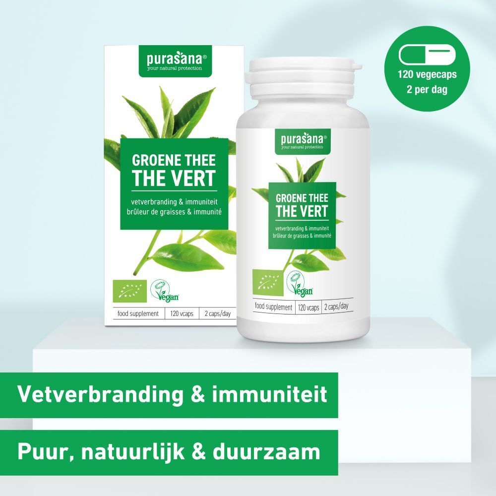 Productverpakking met fles en doos. Opschrift: THE VERT. Vegan-keurmerk. 120 capsules, 2 per dag. Natuurlijke ingrediënten.