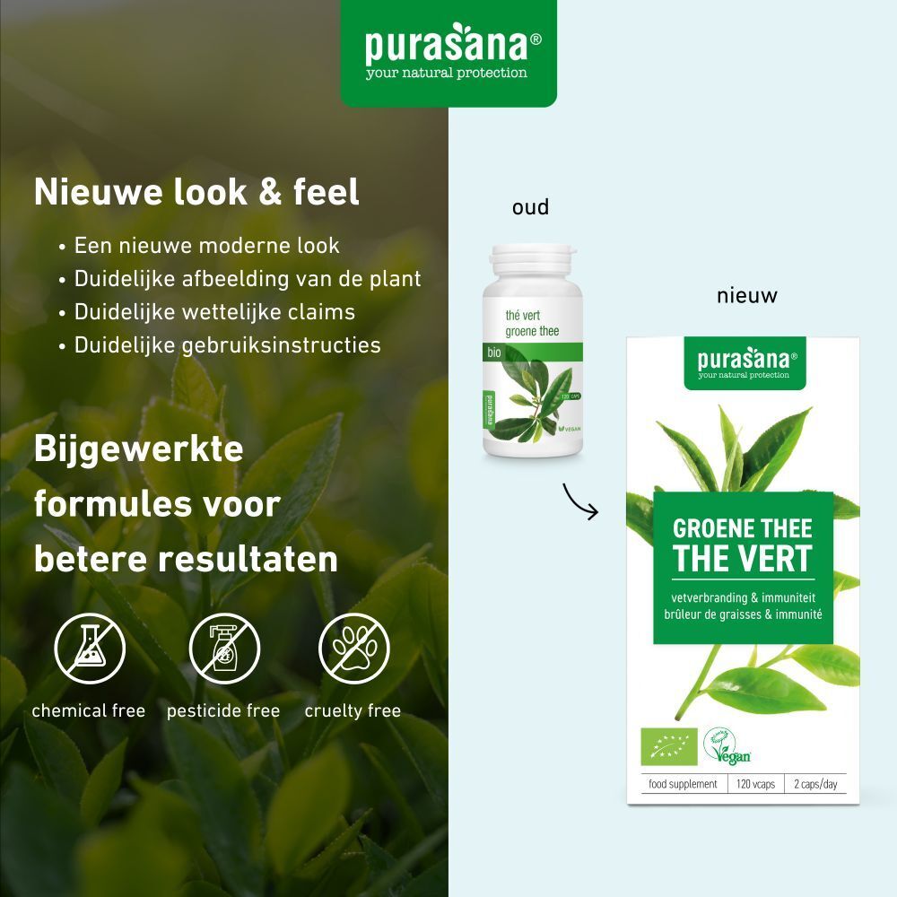 Vergelijking oude en nieuwe verpakking. Fles en doos. Opschrift: THE VERT. Vegan-keurmerk. Zonder chemie, pesticiden, wreedheid.
