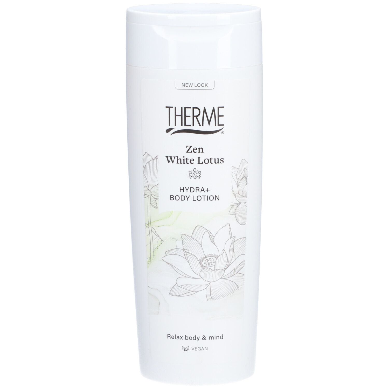 Witte fles THERME Zen White Lotus Hydra+ Body Lotion. Opdruk: lotusbloem, "NEW LOOK", "Relax body & mind", vegan.