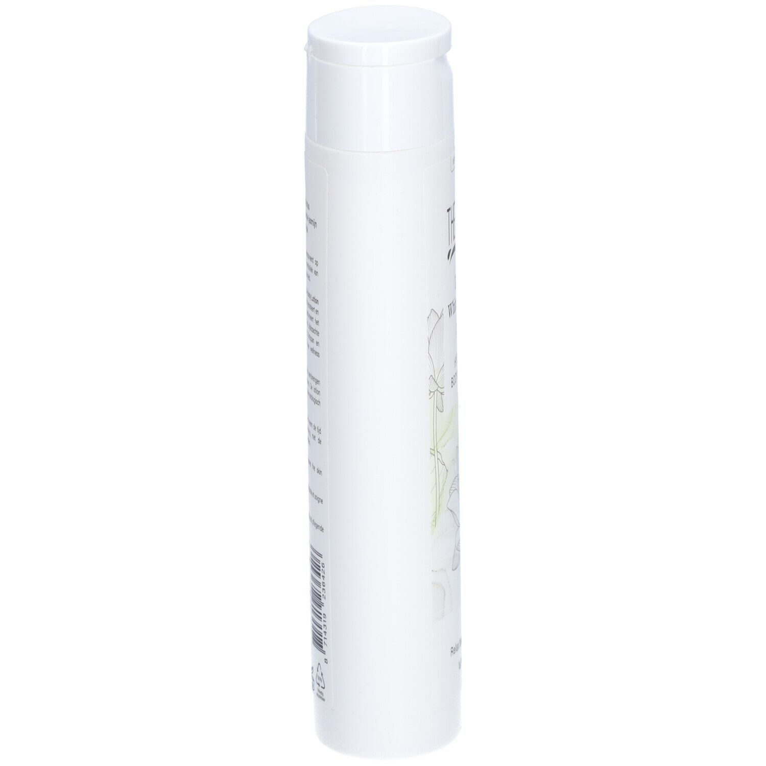 Witte fles THERME Zen White Lotus Hydra+ Body Lotion. Zijaanzicht. Tekst en lotusbloemdecor. Deksel bovenop.