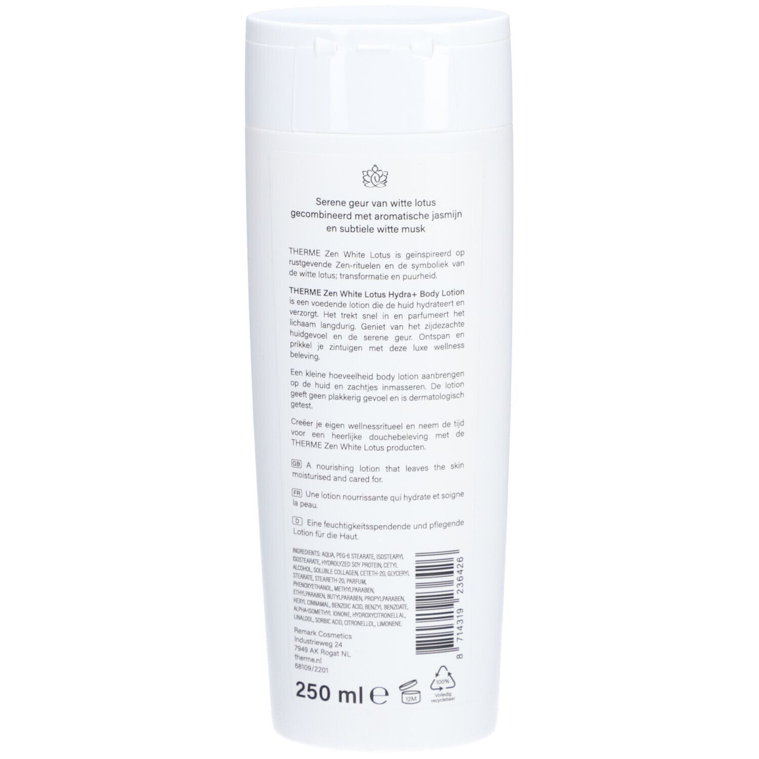 Achterkant witte fles THERME Zen White Lotus Hydra+ Body Lotion. Meertalige tekst, 250 ml, recyclingsymbool.