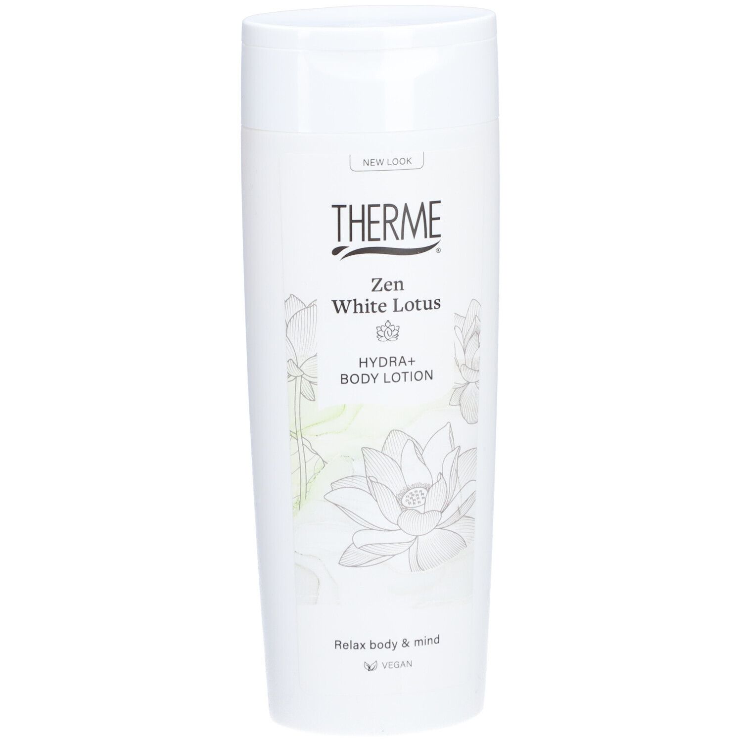 Witte fles THERME Zen White Lotus Hydra+ Body Lotion. Opdruk: lotusbloem, "NEW LOOK", "Relax body & mind", vegan.