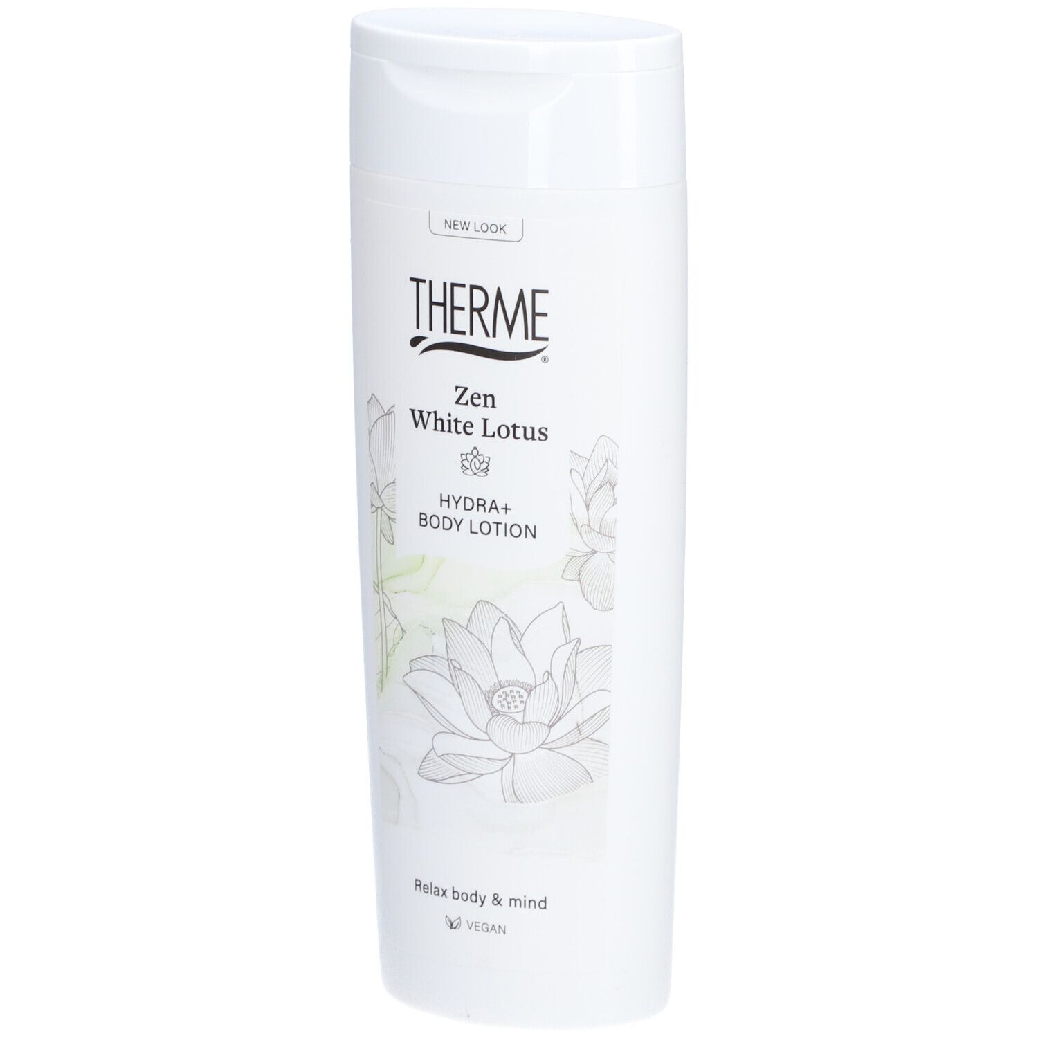 Witte fles THERME Zen White Lotus Hydra+ Body Lotion. Opdruk: lotusbloem, "NEW LOOK", "Relax body & mind", vegan.