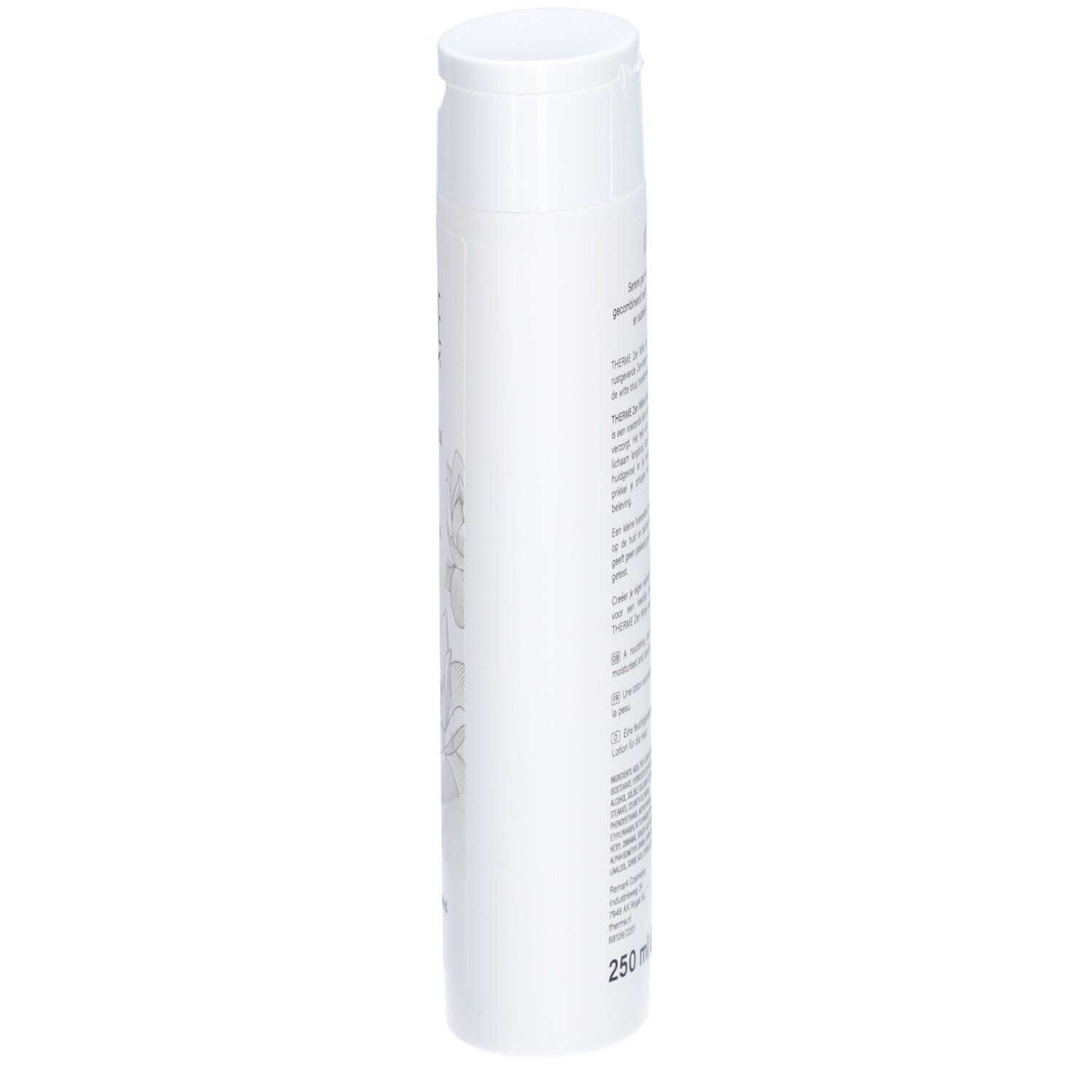 Witte fles THERME Zen White Lotus Hydra+ Body Lotion. Zijaanzicht. Tekst en lotusbloemdecor. Deksel bovenop.