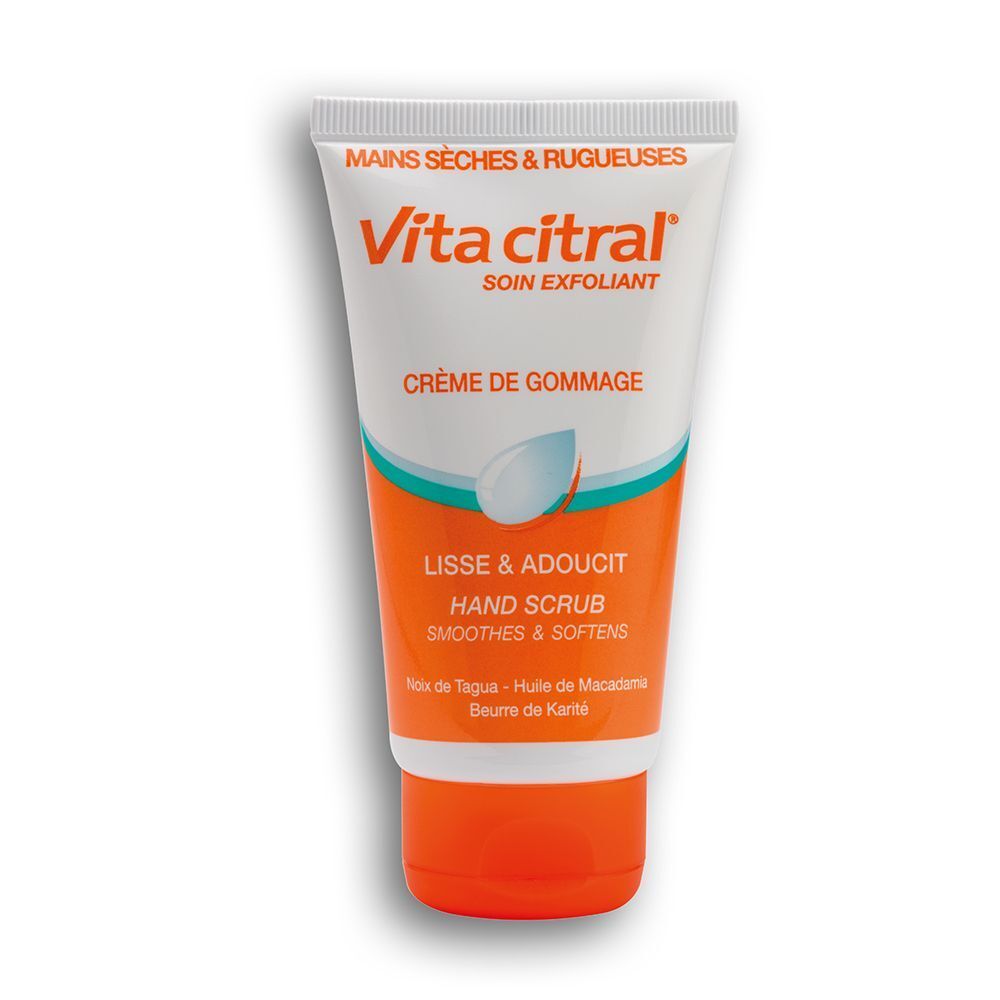 Tube Vita Citral® Peeling-Creme. Weiß, orange und türkis. Schriftzug: "MAINS SÈCHES & RUGUEUSES". "SOIN EXFOLIANT". "CRÈME DE GOMMAGE".