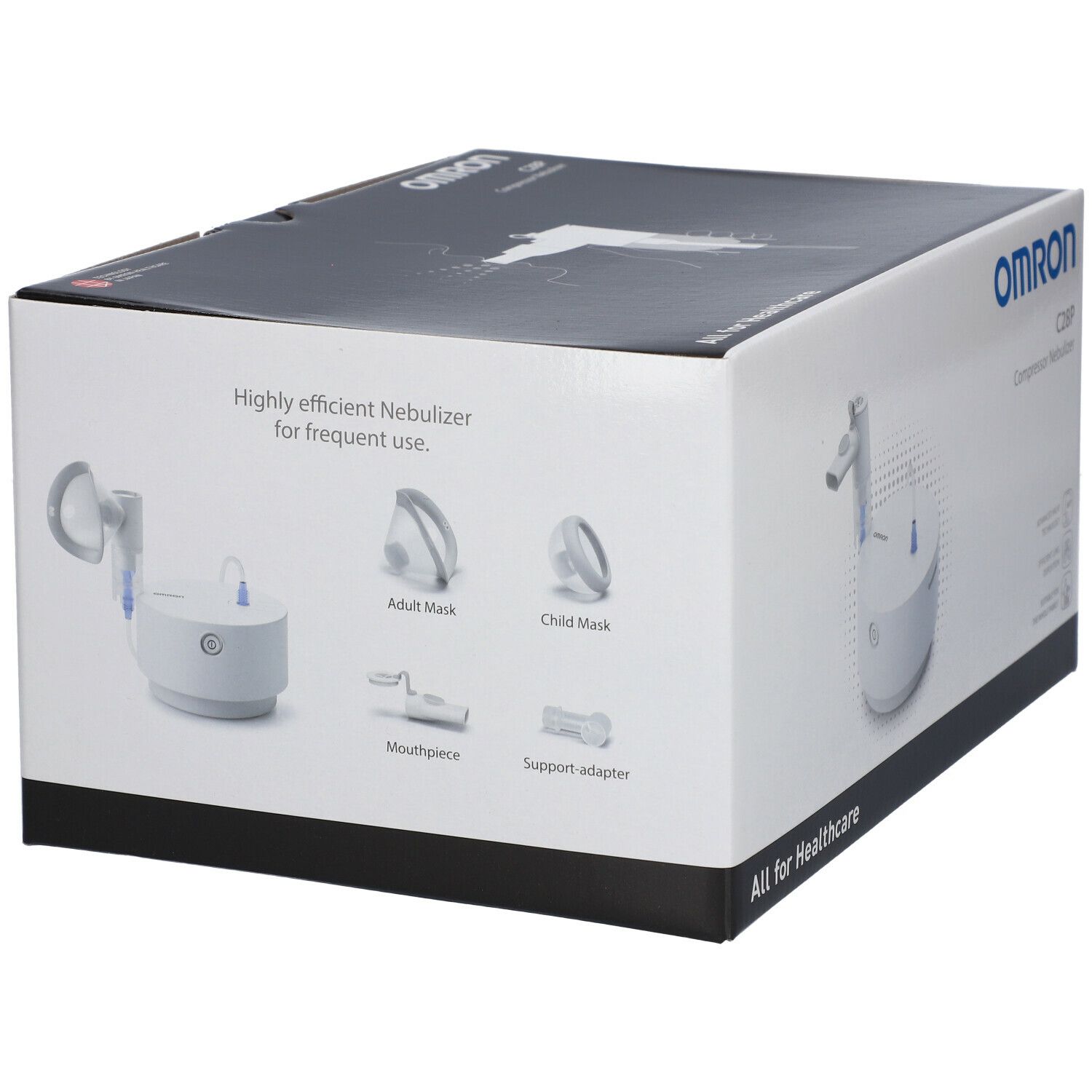 Emballage Omron C28P. Illustrations de masques et accessoires. Texte : Omron, Highly efficient Nebulizer for frequent use, All for Healthcare.