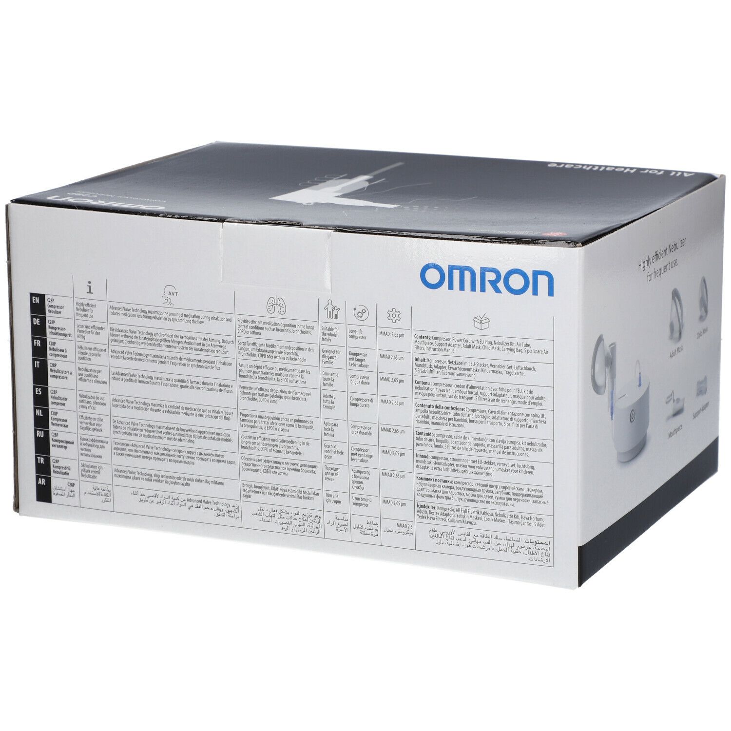 Emballage Omron C28P. Texte multilingue. Texte : Omron, Highly efficient Nebulizer for frequent use.
