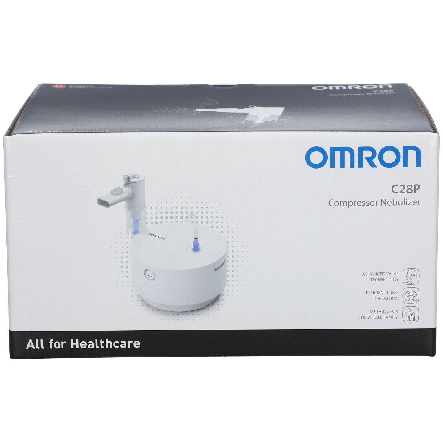 Emballage du nébuliseur à compresseur Omron C28P. Nébuliseur blanc représenté. Texte : Omron, C28P Compressor Nebulizer, All for Healthcare.