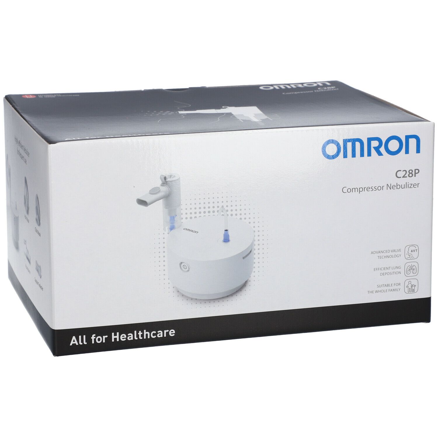 Emballage du nébuliseur à compresseur Omron C28P. Nébuliseur blanc représenté. Texte : Omron, C28P Compressor Nebulizer, All for Healthcare.