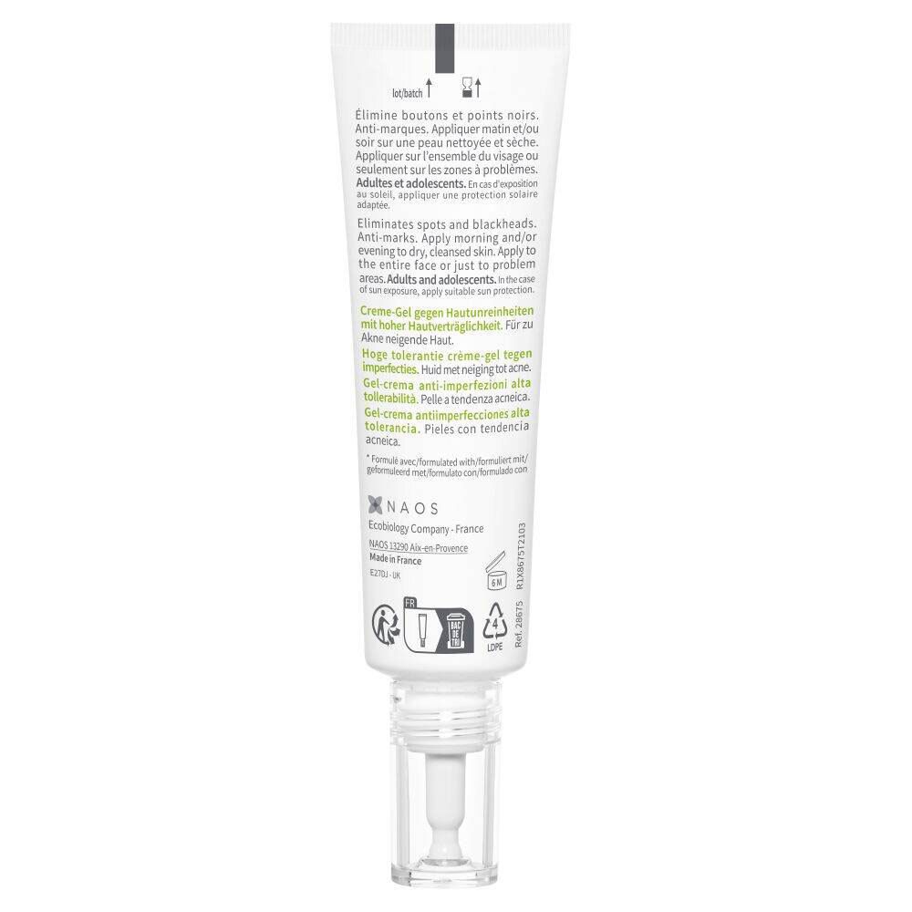 Rückseite der Creme-Gel-Tube. Text in mehreren Sprachen. Mit Dosierapplikator.