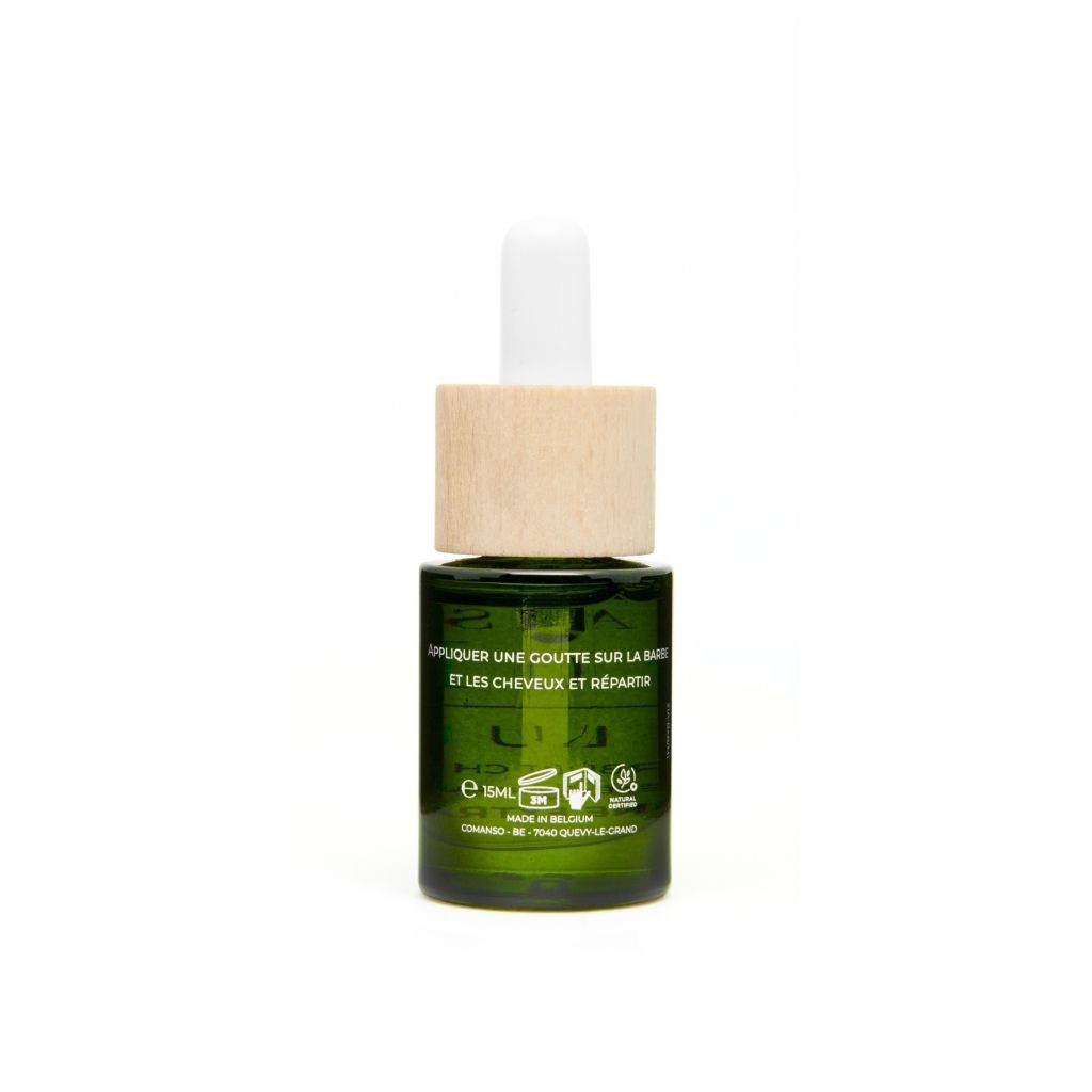 Rückseite der Flasche. Aufschrift: Anwenden, 15ml, Logos. Zertifizierungen und Informationen.