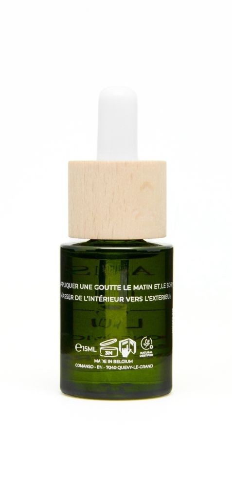 Grüne Glasflasche mit Holzdeckel und Pipette. Aufschrift: Maison Éole, Lui, Sérum Yeux Décongestionnant Intensité. 15ml.