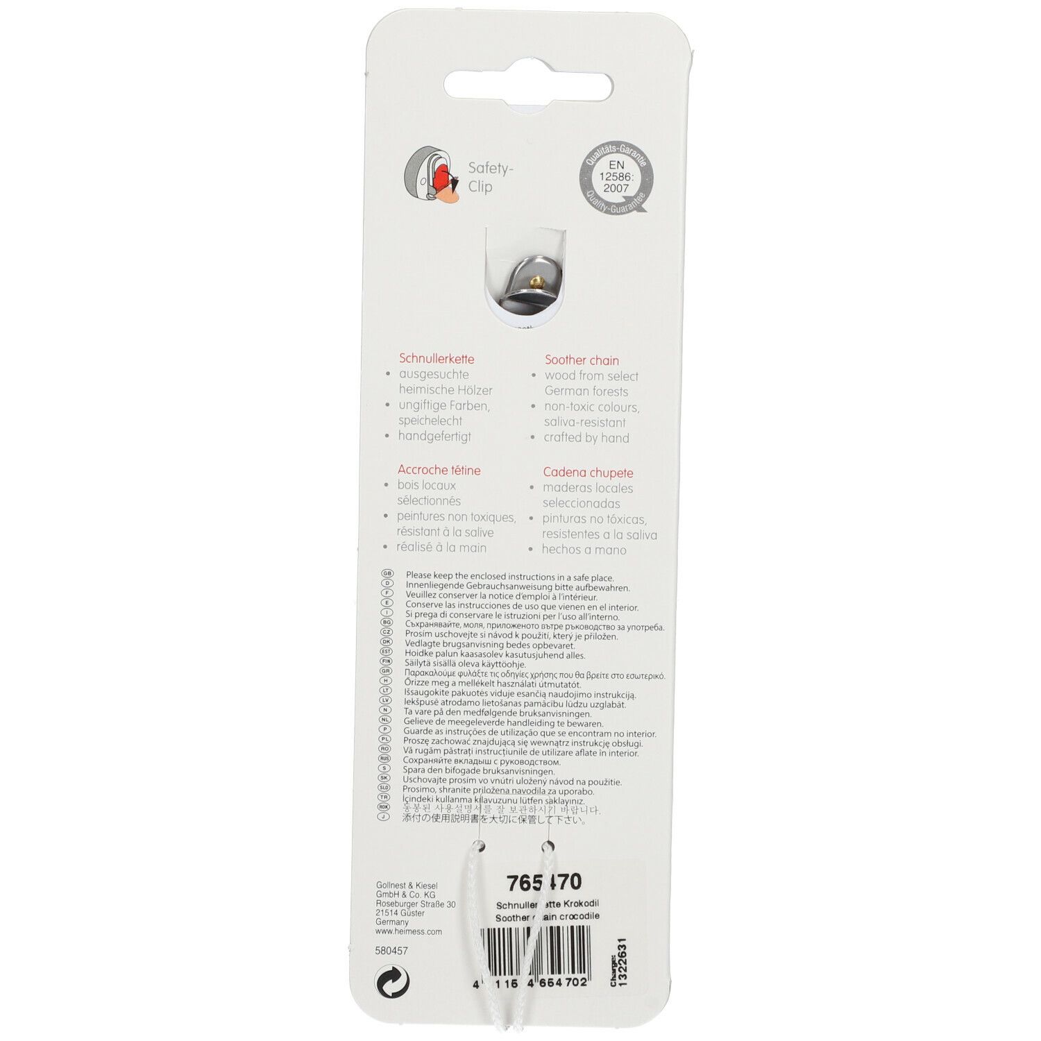 Verpackung einer Schnullerkette. Aufschrift: Schnullerkette, Soother chain, Chaîne de sucette, Catena ciuccio. EN 12586:2007.