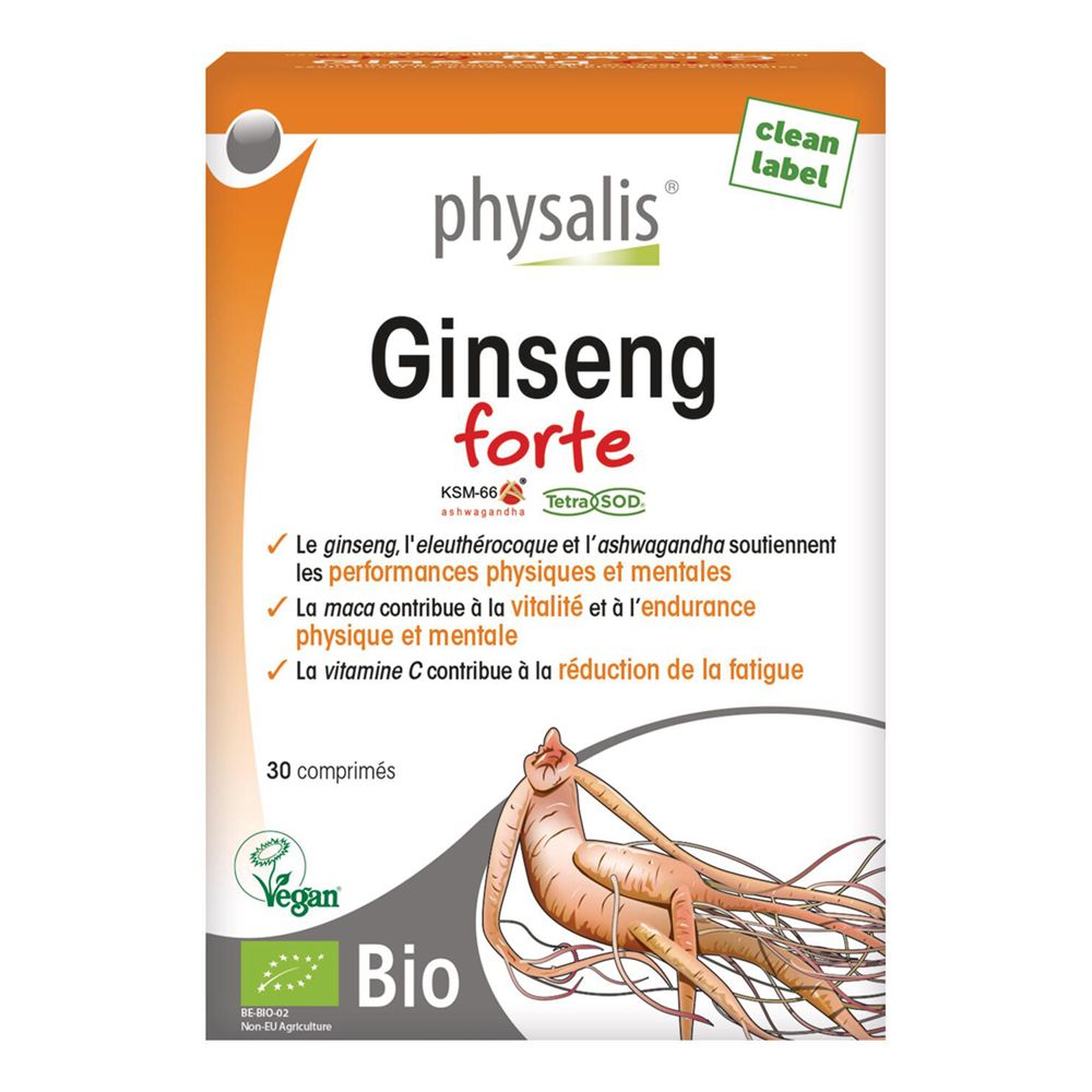 Boîte Physalis Ginseng forte Bio. Texte en français. Contient 30 comprimés. Label Bio et logo Vegan.